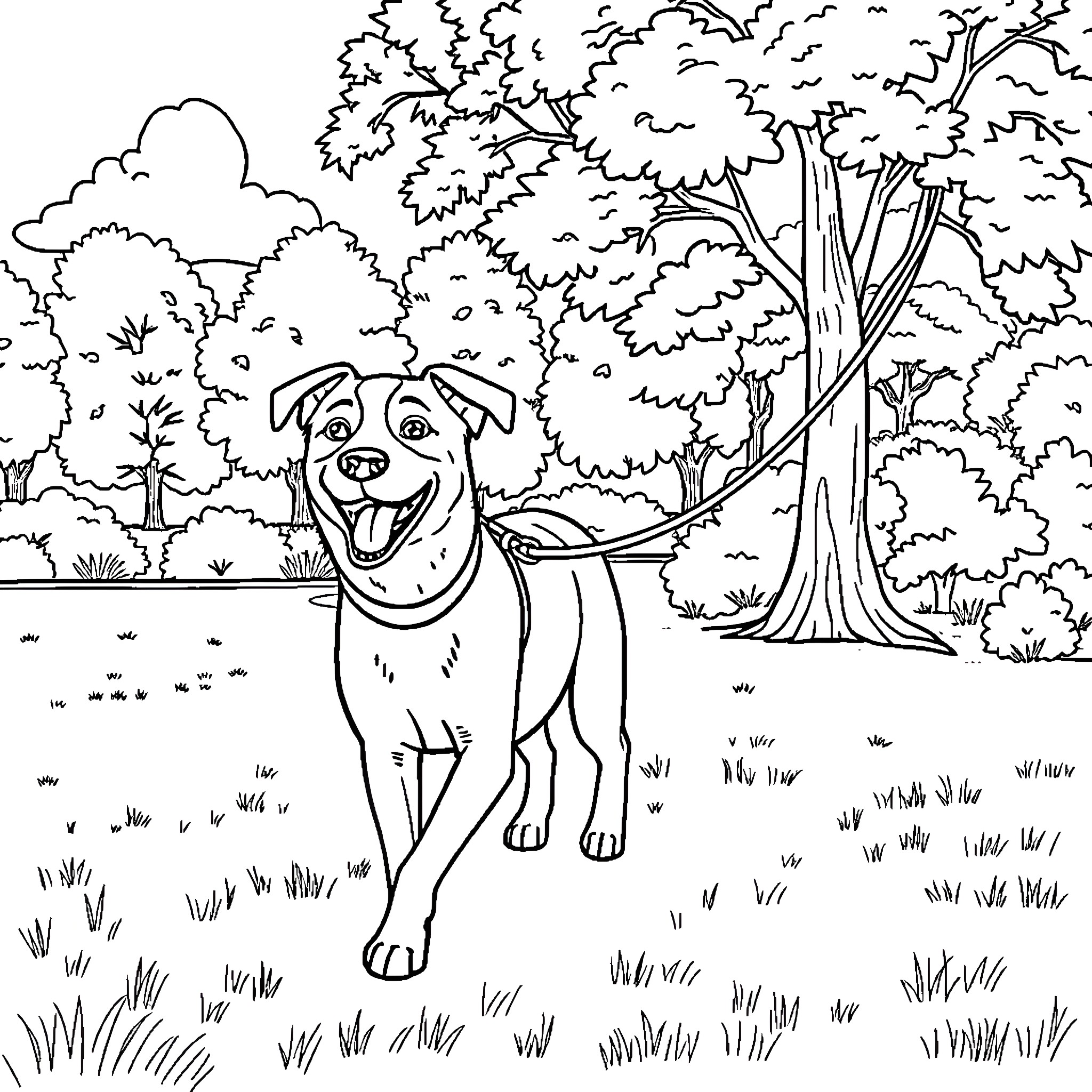 Dog enjoying the outdoors in nature Coloring Page (free black-and-white line drawing printable PDF for all, from beginners to advanced learners, including children, teens, adults, and seniors)