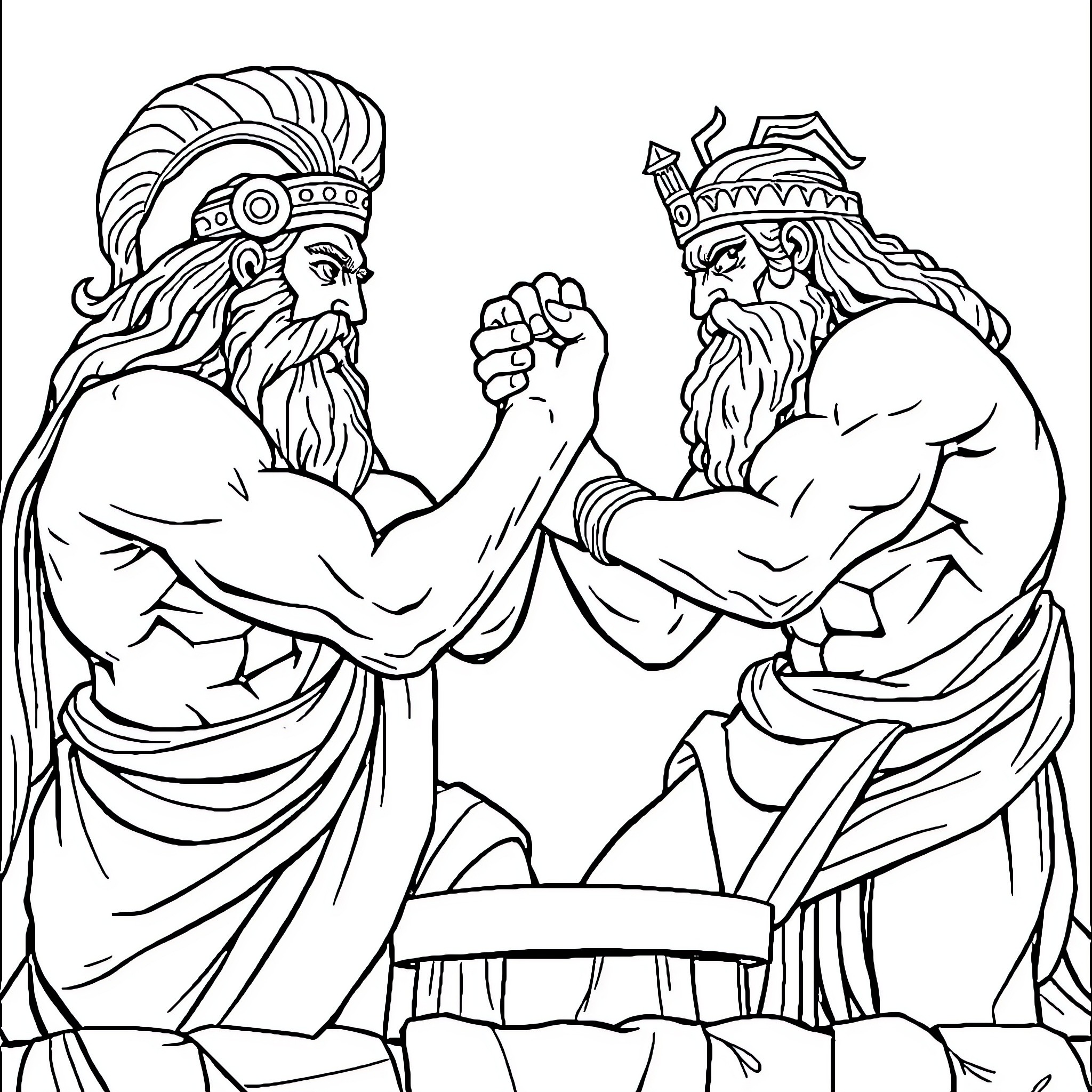 Greek Gods Arm Wrestling in Ceremonial Attire Coloring Page (free black-and-white line drawing printable PDF for all, from beginners to advanced learners, including children, teens, adults, and seniors)