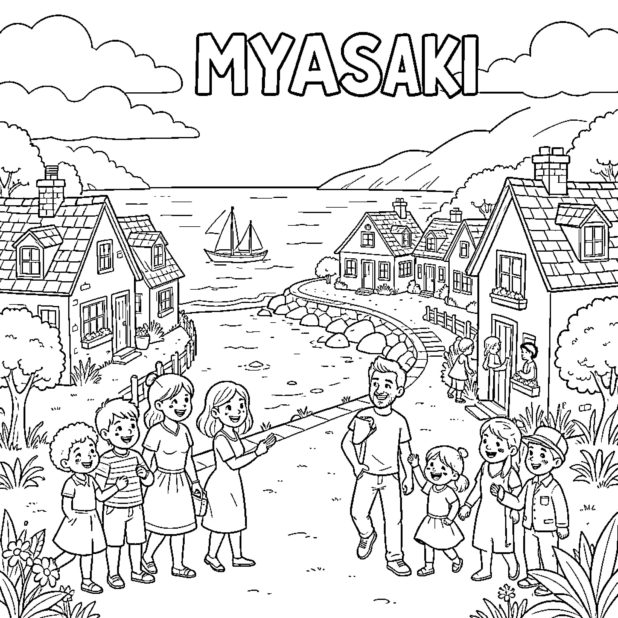 Myasaki children walking along a seaside village path Coloring Page (free black-and-white line drawing printable PDF for all, from beginners to advanced learners, including children, teens, adults, and seniors)