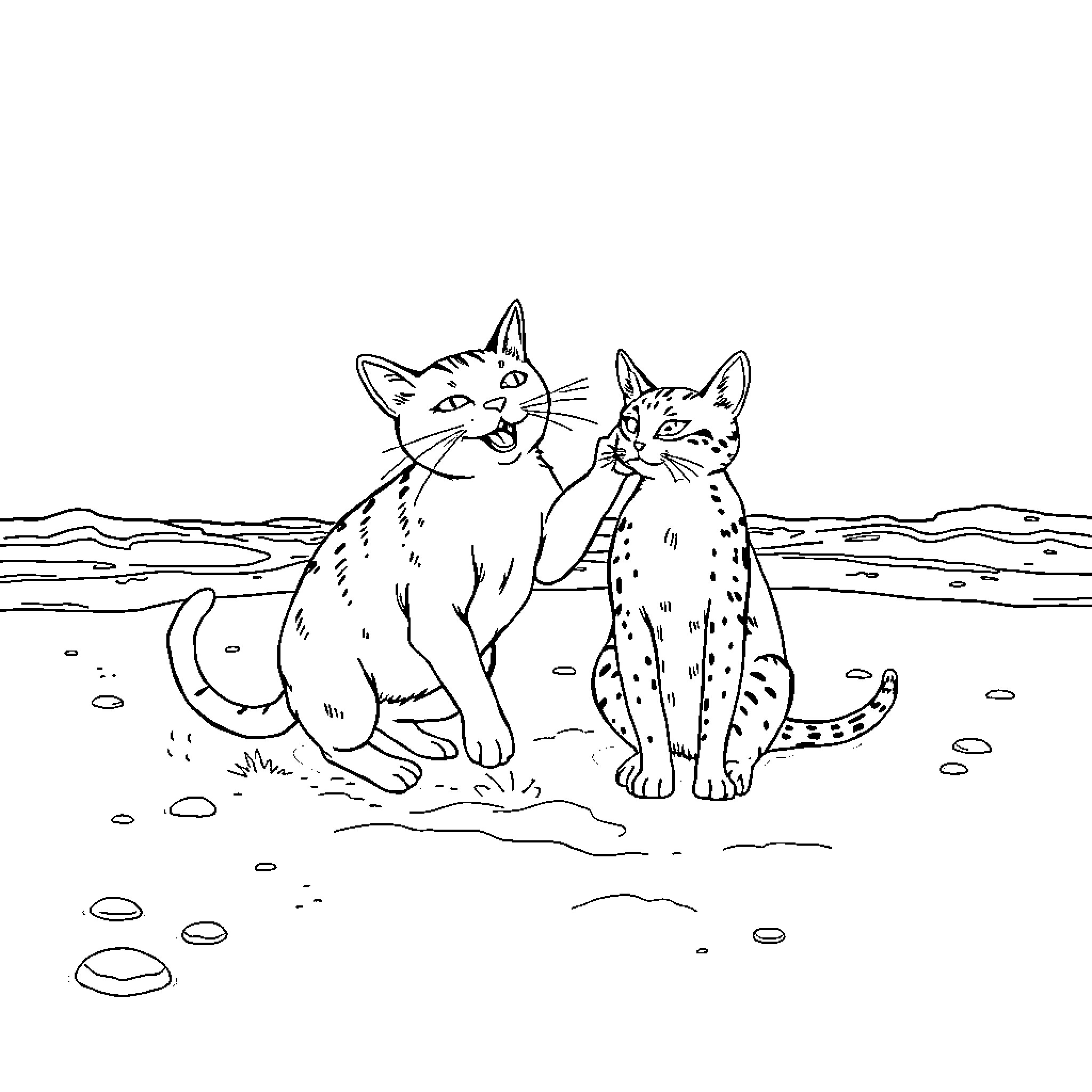 Gato Cats Enjoying the Outdoors Coloring Page (free black-and-white line drawing printable PDF for all, from beginners to advanced learners, including children, teens, adults, and seniors)