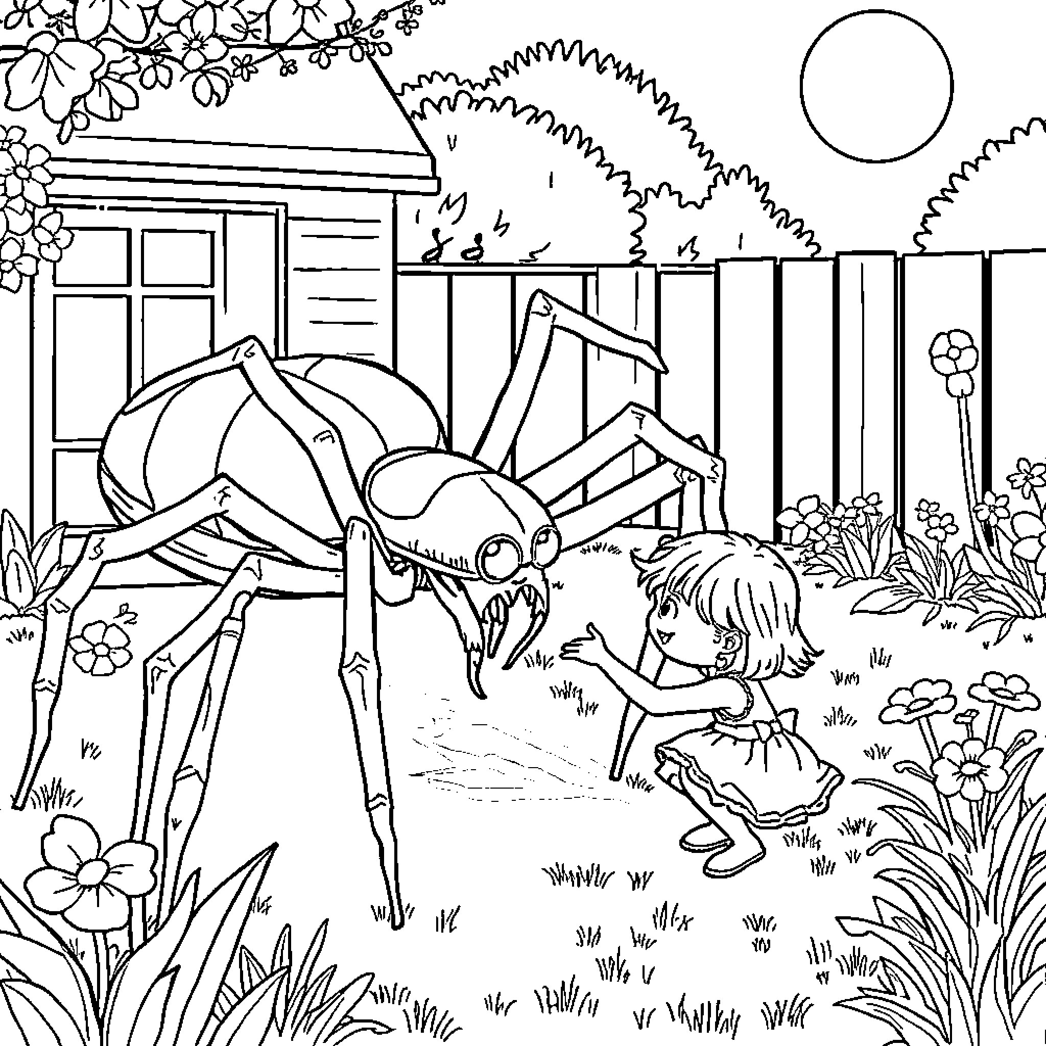 Spider Startling a Young Adventurer in the Garden Coloring Page (free black-and-white line drawing printable PDF for all, from beginners to advanced learners, including children, teens, adults, and seniors)
