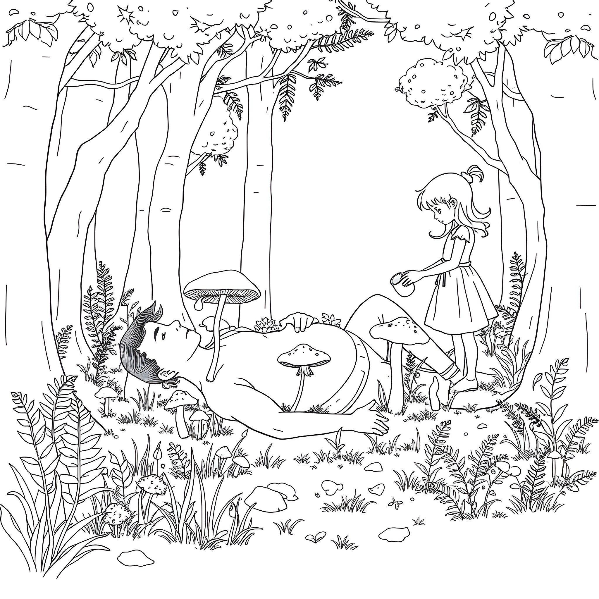 Young Man Resting in Enchanted Forest Coloring Page (free black-and-white line drawing printable PDF for all, from beginners to advanced learners, including children, teens, adults, and seniors)