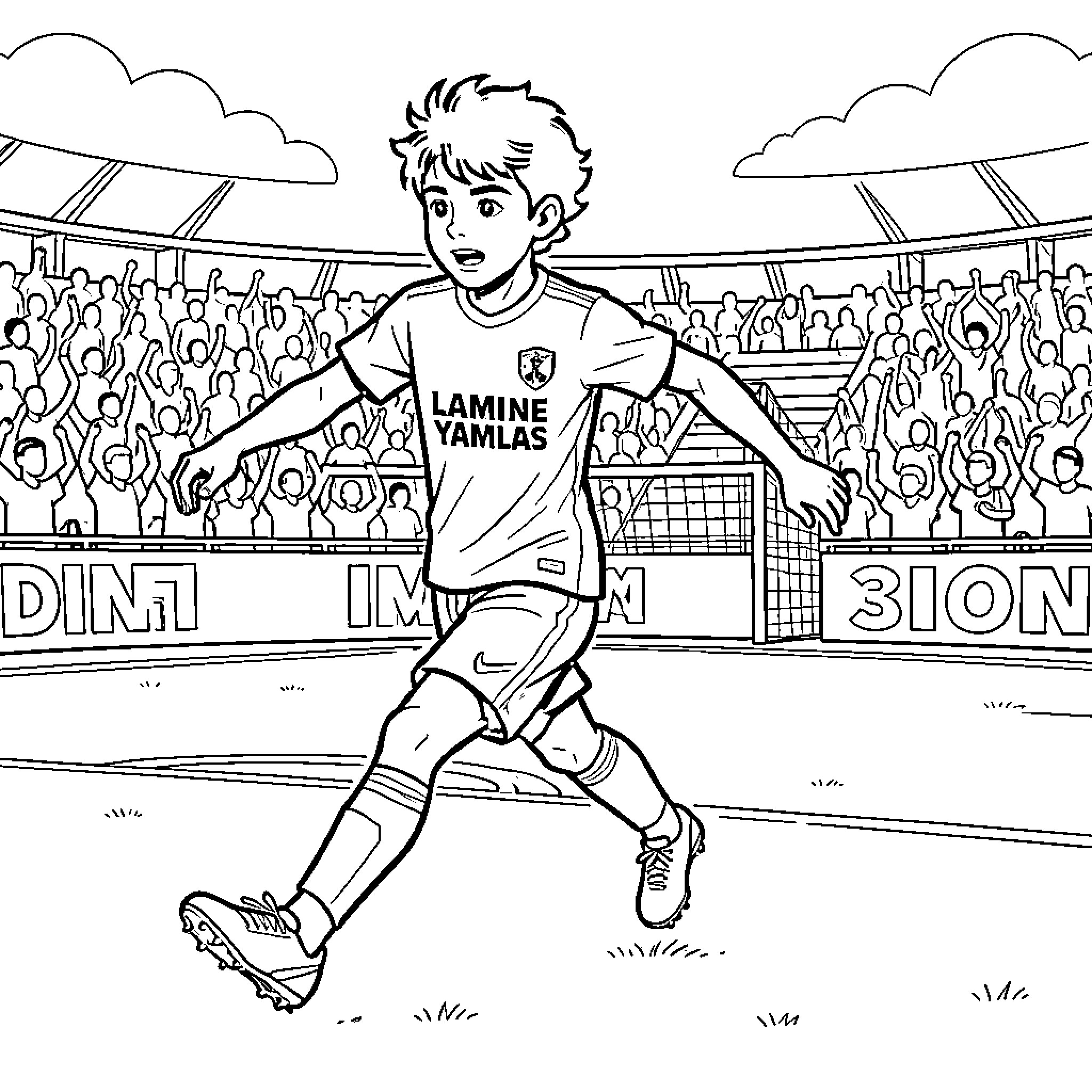 Lamine Yamal running on a football field Coloring Page (free black-and-white line drawing printable PDF for all, from beginners to advanced learners, including children, teens, adults, and seniors)
