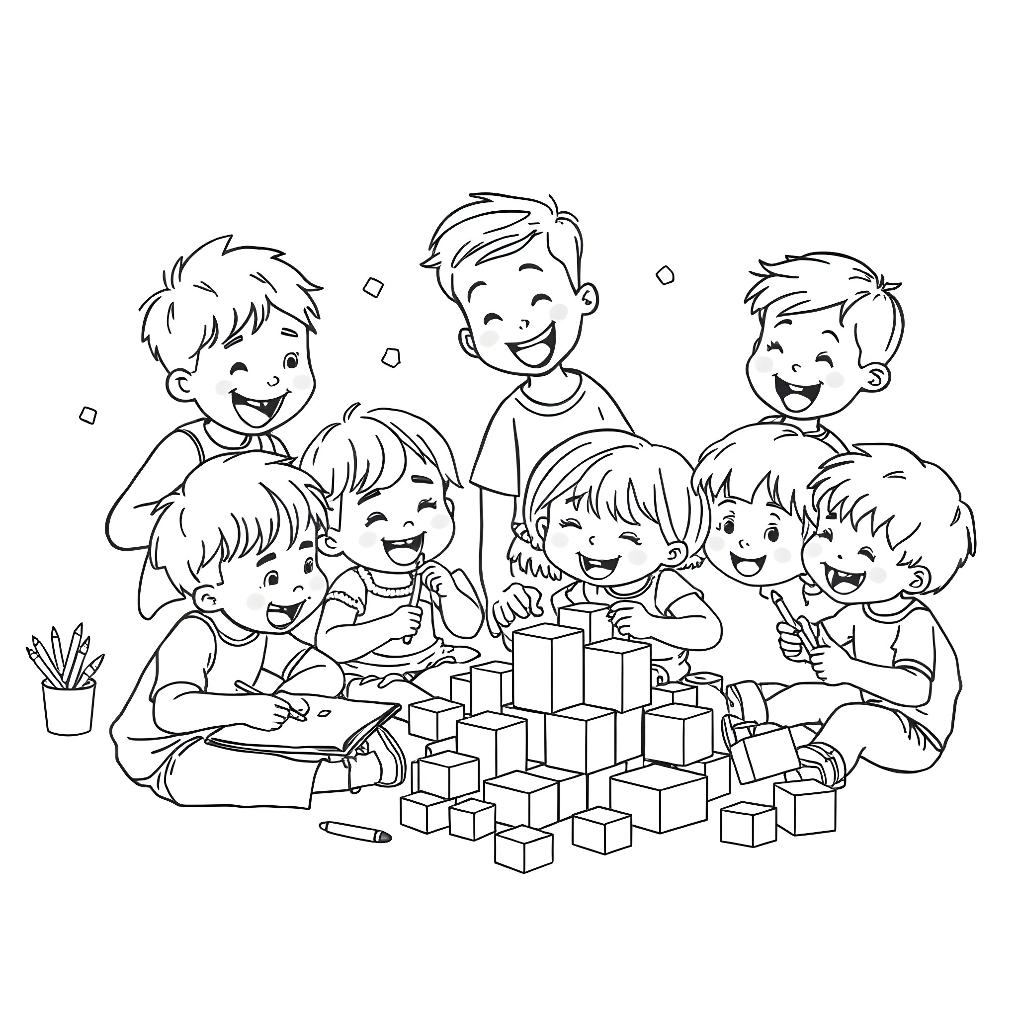 Kid's Playful Building Block Adventure Coloring Page (free black-and-white line drawing printable PDF for all, from beginners to advanced learners, including children, teens, adults, and seniors)