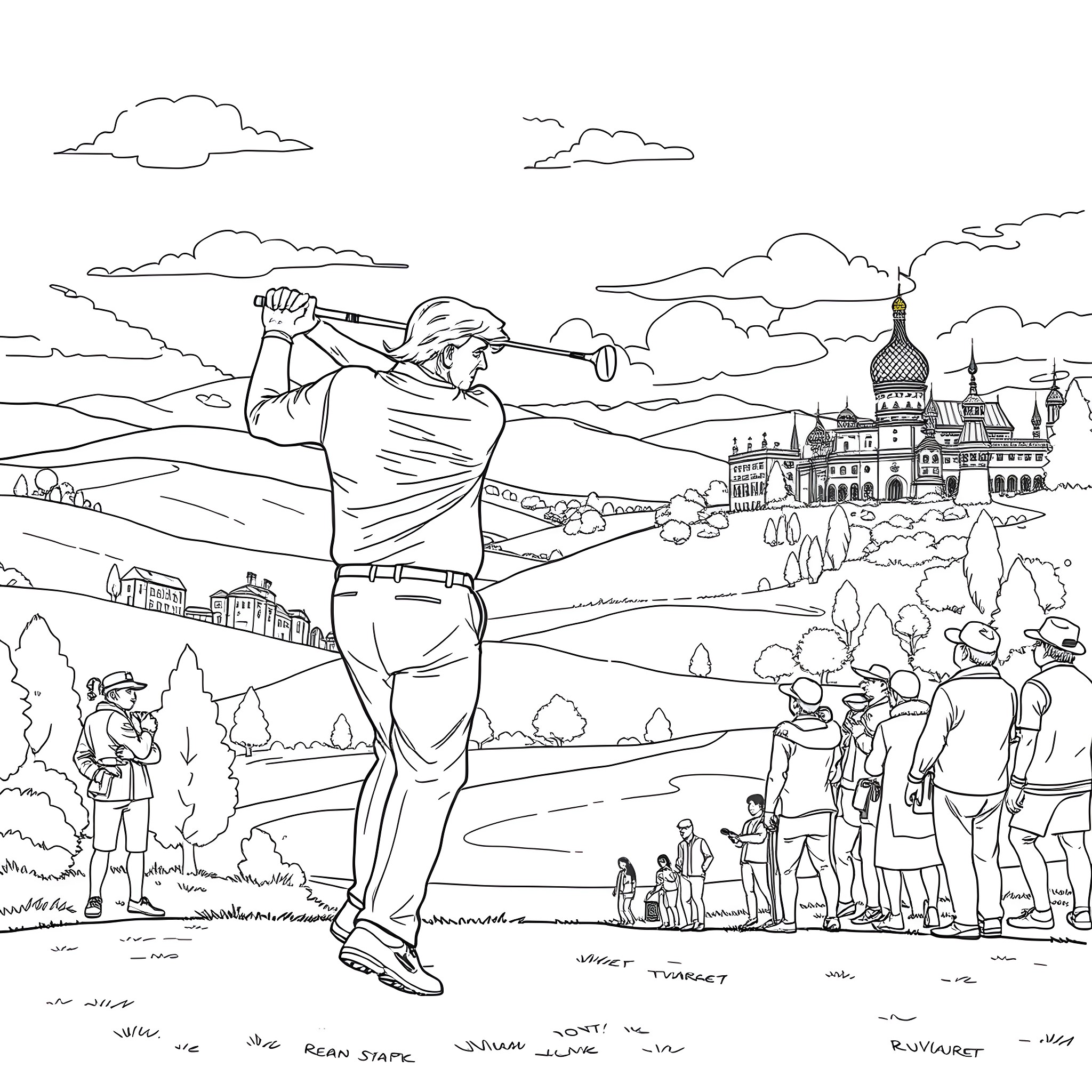 Trump golfing amidst a crowd and cityscape Coloring Page (free black-and-white line drawing printable PDF for all, from beginners to advanced learners, including children, teens, adults, and seniors)