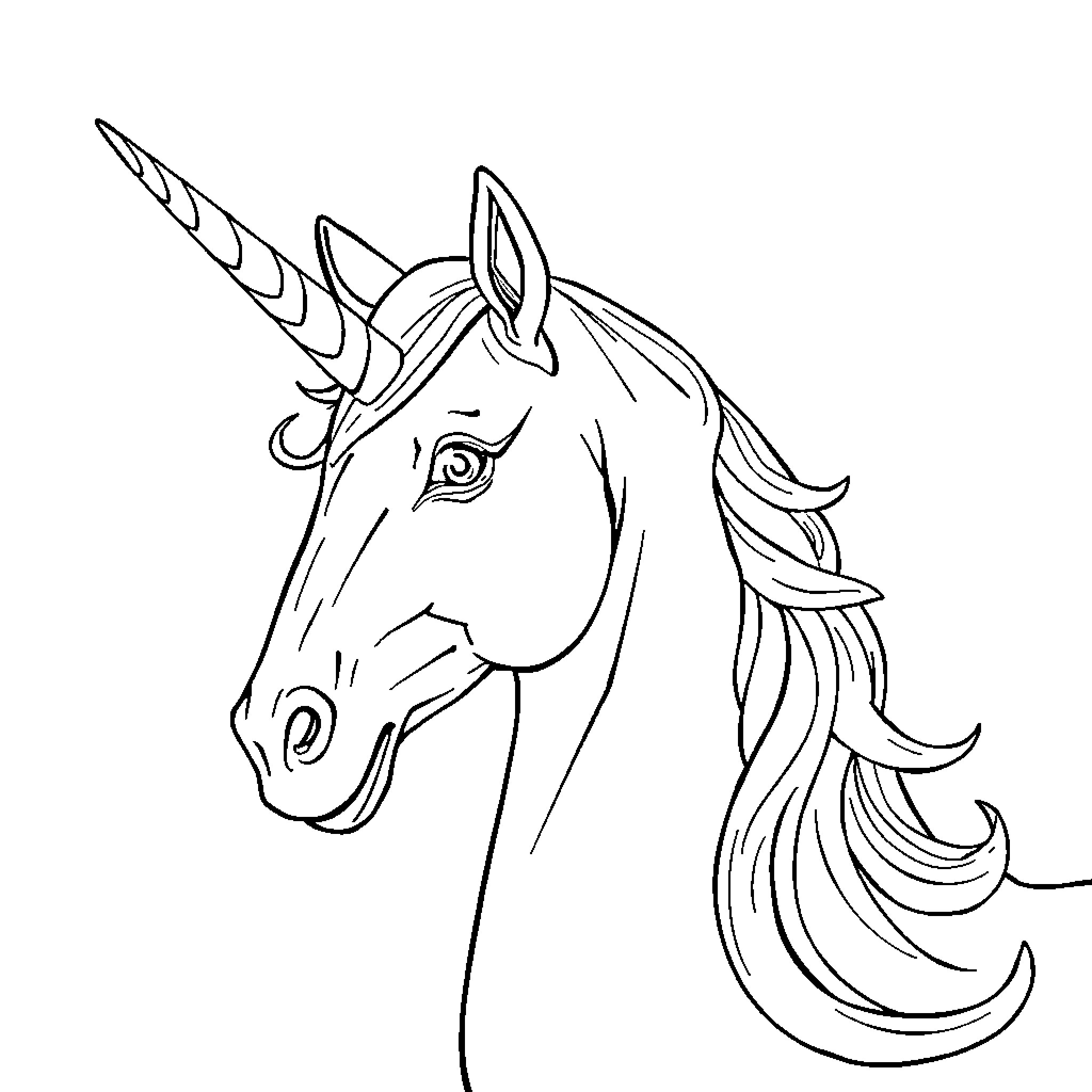 Unicorn gazing with intent expression Coloring Page (free black-and-white line drawing printable PDF for all, from beginners to advanced learners, including children, teens, adults, and seniors)