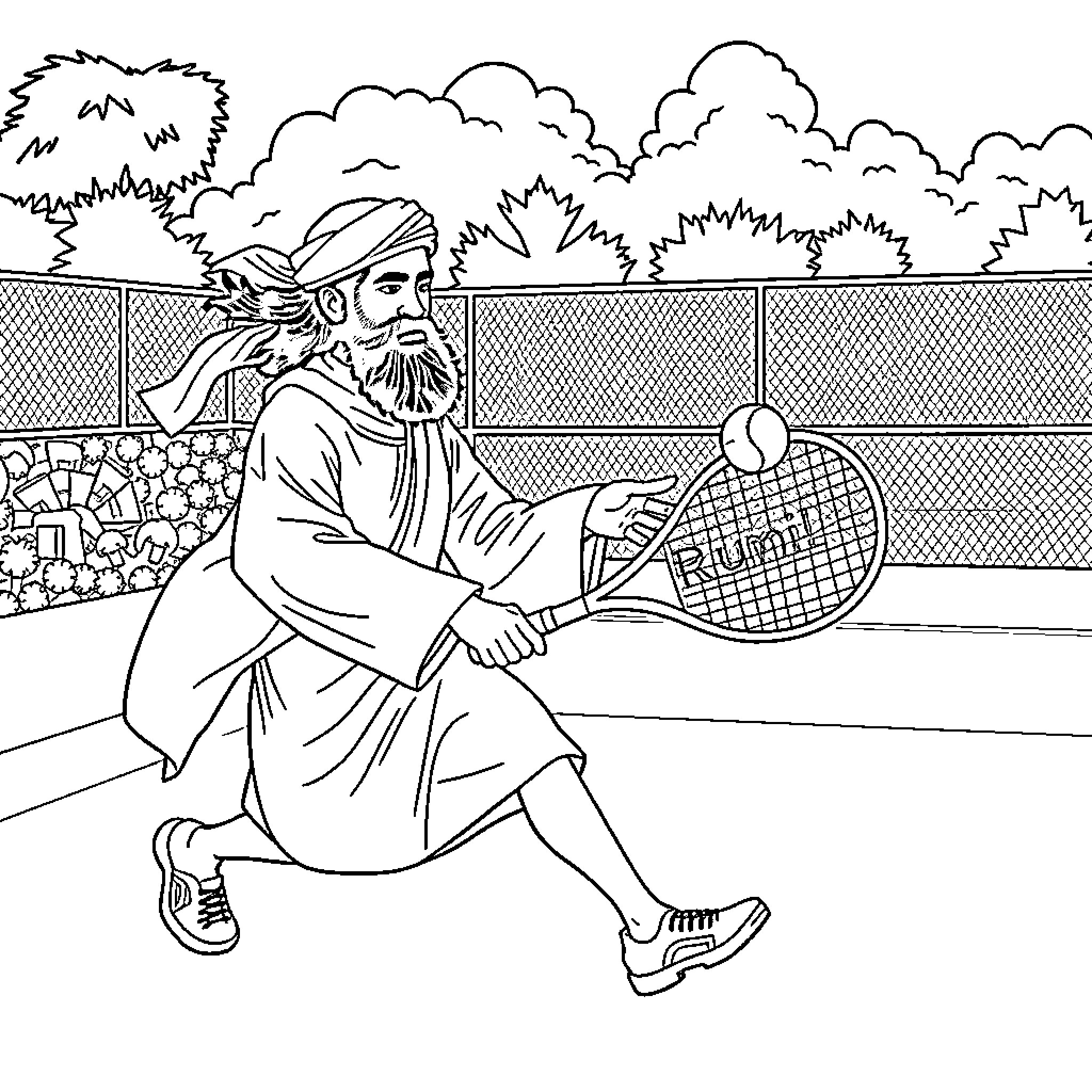 Rumi playing tennis in the park Coloring Page (free black-and-white line drawing printable PDF for all, from beginners to advanced learners, including children, teens, adults, and seniors)