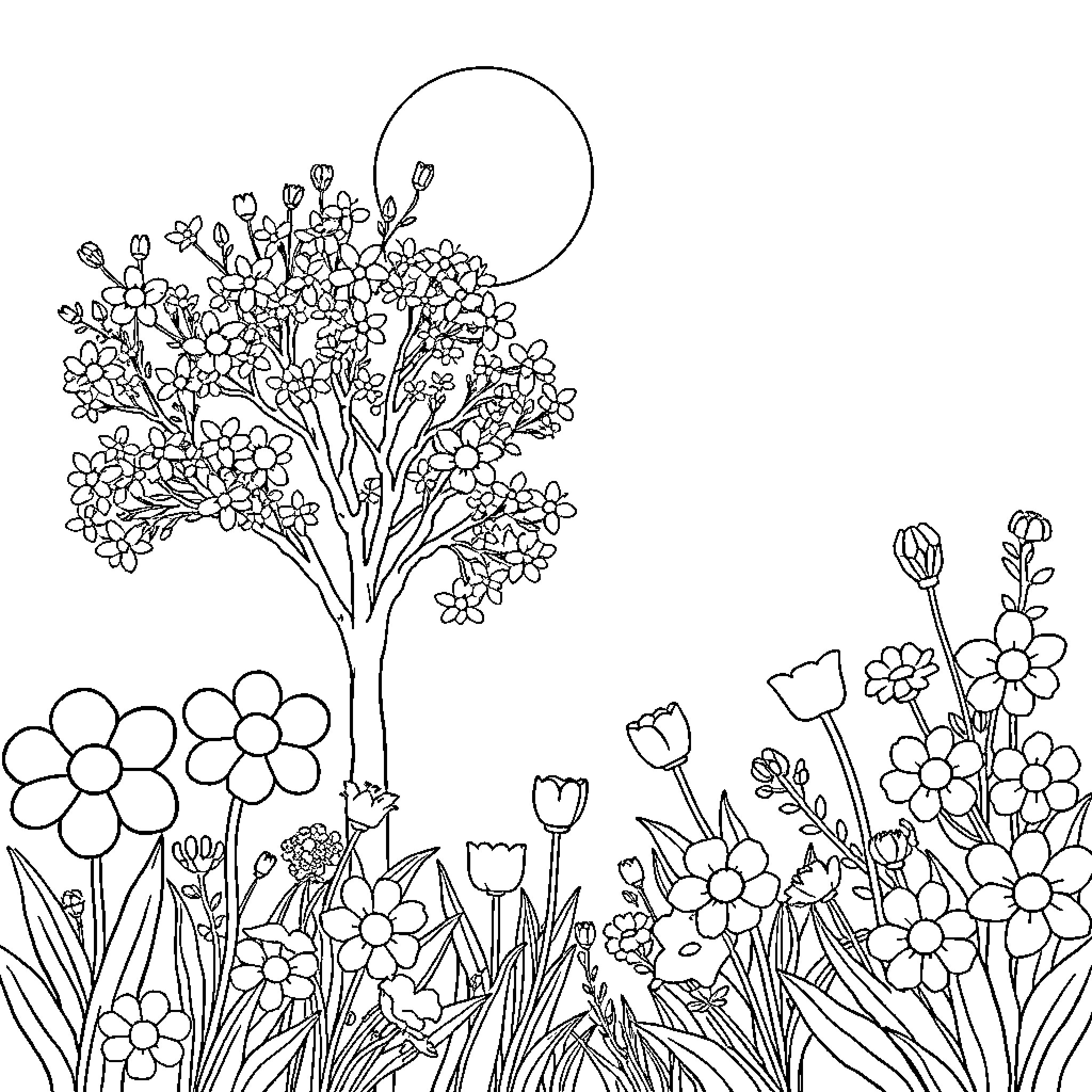 Spring Flowers Blooming in Scenic Garden Coloring Page (free black-and-white line drawing printable PDF for all, from beginners to advanced learners, including children, teens, adults, and seniors)