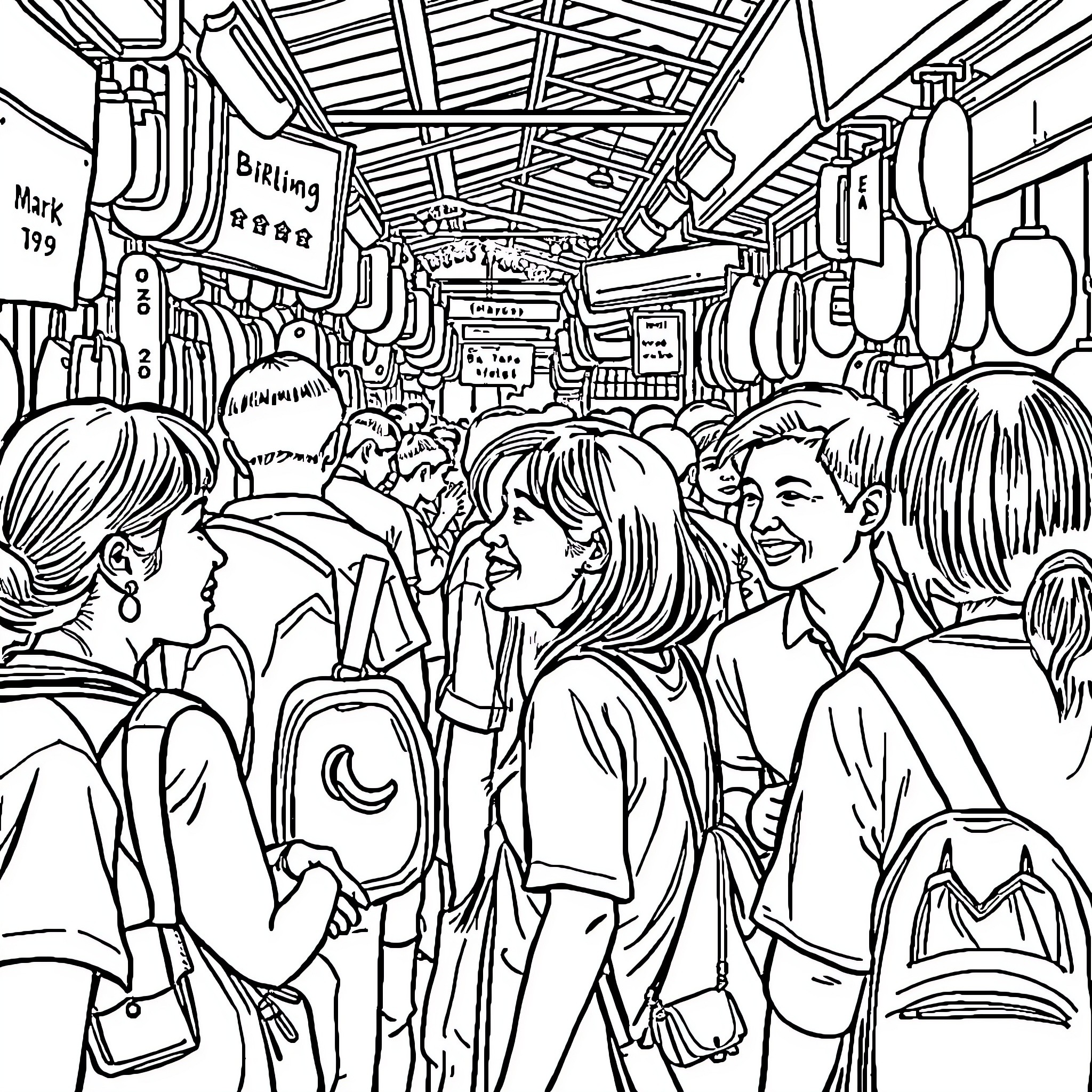 Person in a bustling market environment Coloring Page (free black-and-white line drawing printable PDF for all, from beginners to advanced learners, including children, teens, adults, and seniors)