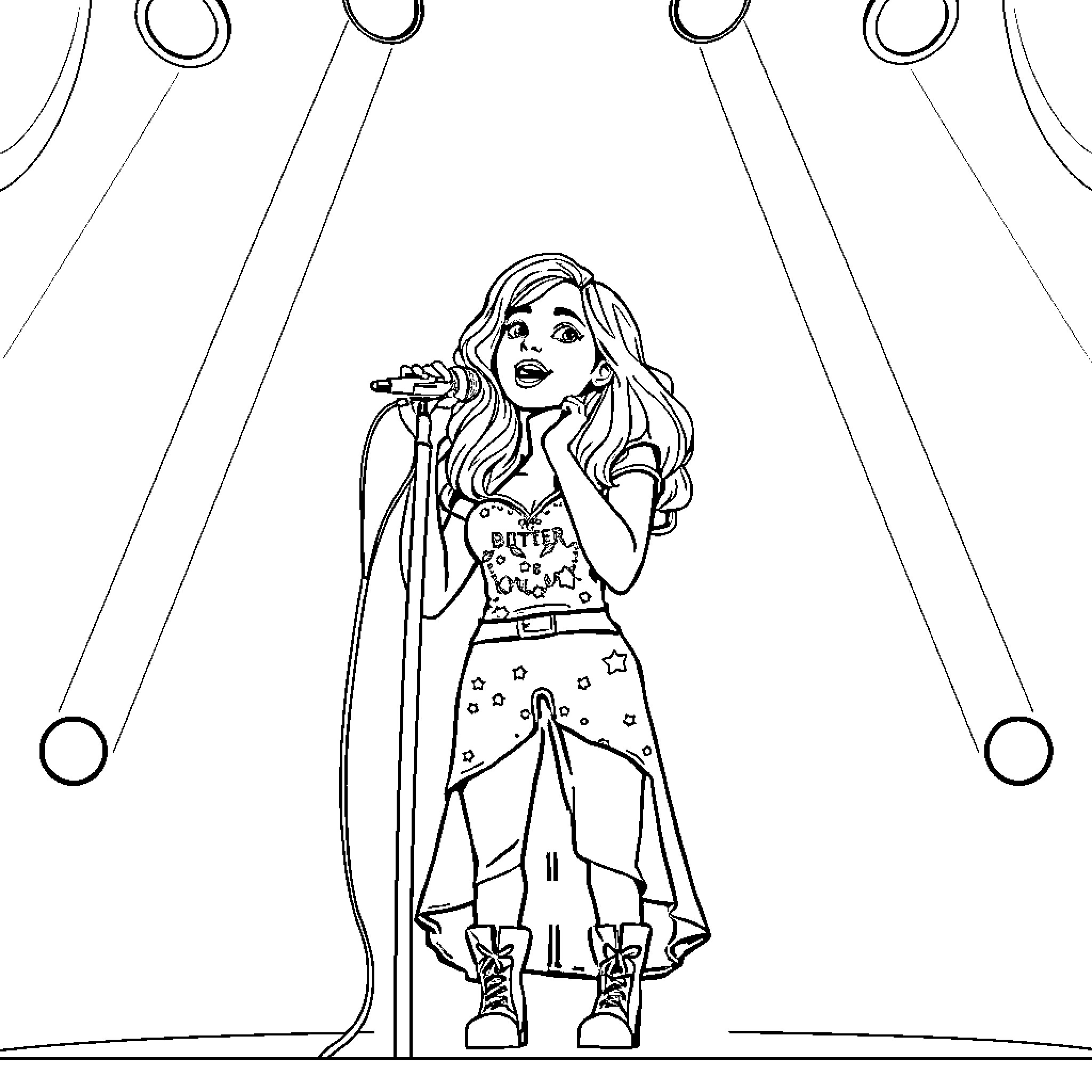 Aitana performing on stage with microphone Coloring Page (free black-and-white line drawing printable PDF for all, from beginners to advanced learners, including children, teens, adults, and seniors)