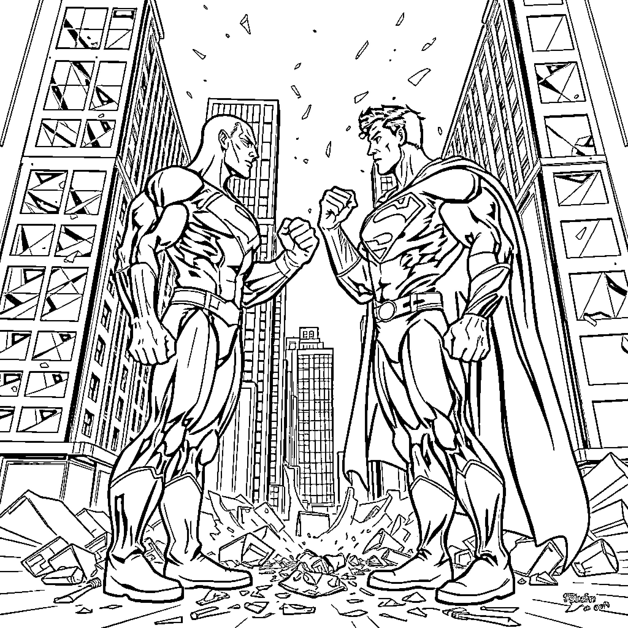 Superman heroic clash in the city Coloring Page (free black-and-white line drawing printable PDF for all, from beginners to advanced learners, including children, teens, adults, and seniors)