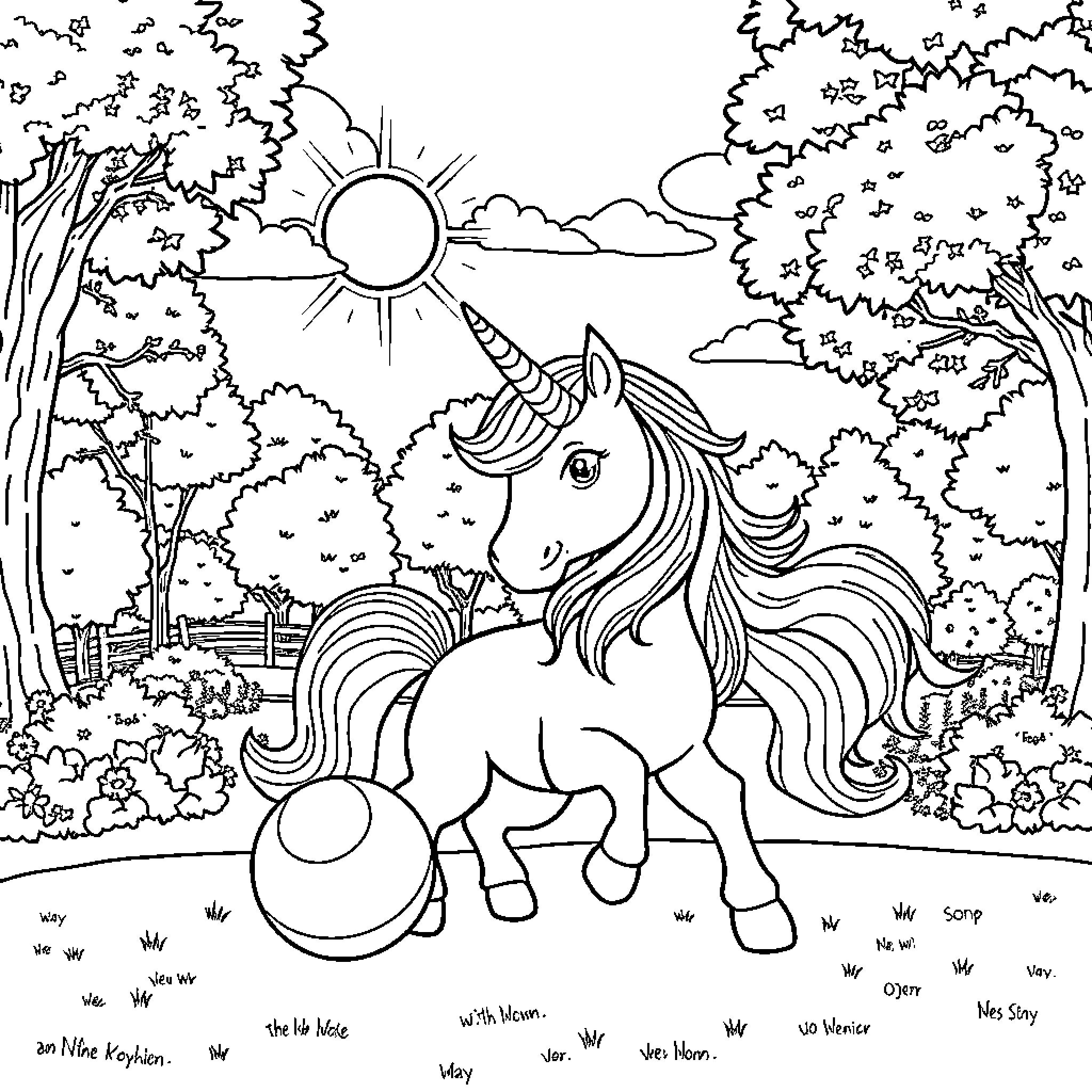 Unicorn prancing through magical forest scenery Coloring Page (free black-and-white line drawing printable PDF for all, from beginners to advanced learners, including children, teens, adults, and seniors)