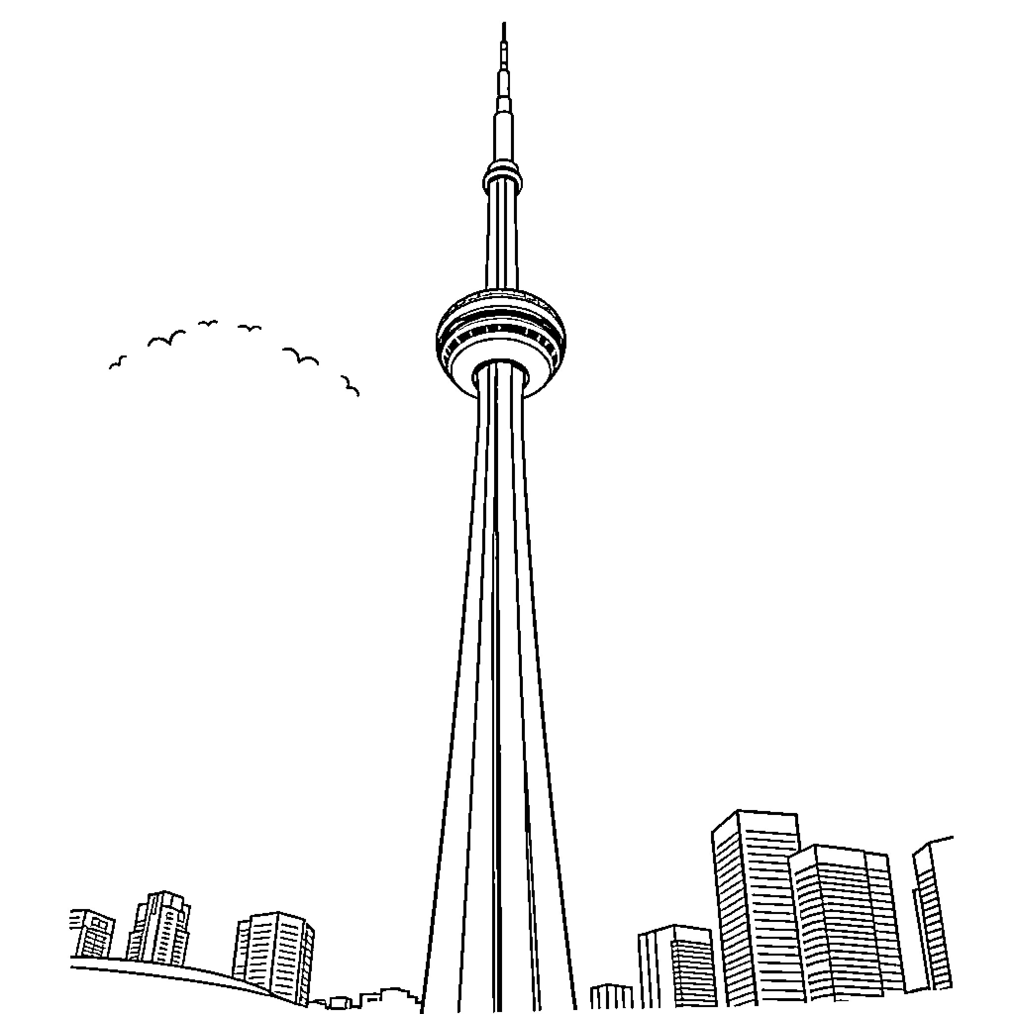 CN Tower against urban skyline Coloring Page (free black-and-white line drawing printable PDF for all, from beginners to advanced learners, including children, teens, adults, and seniors)