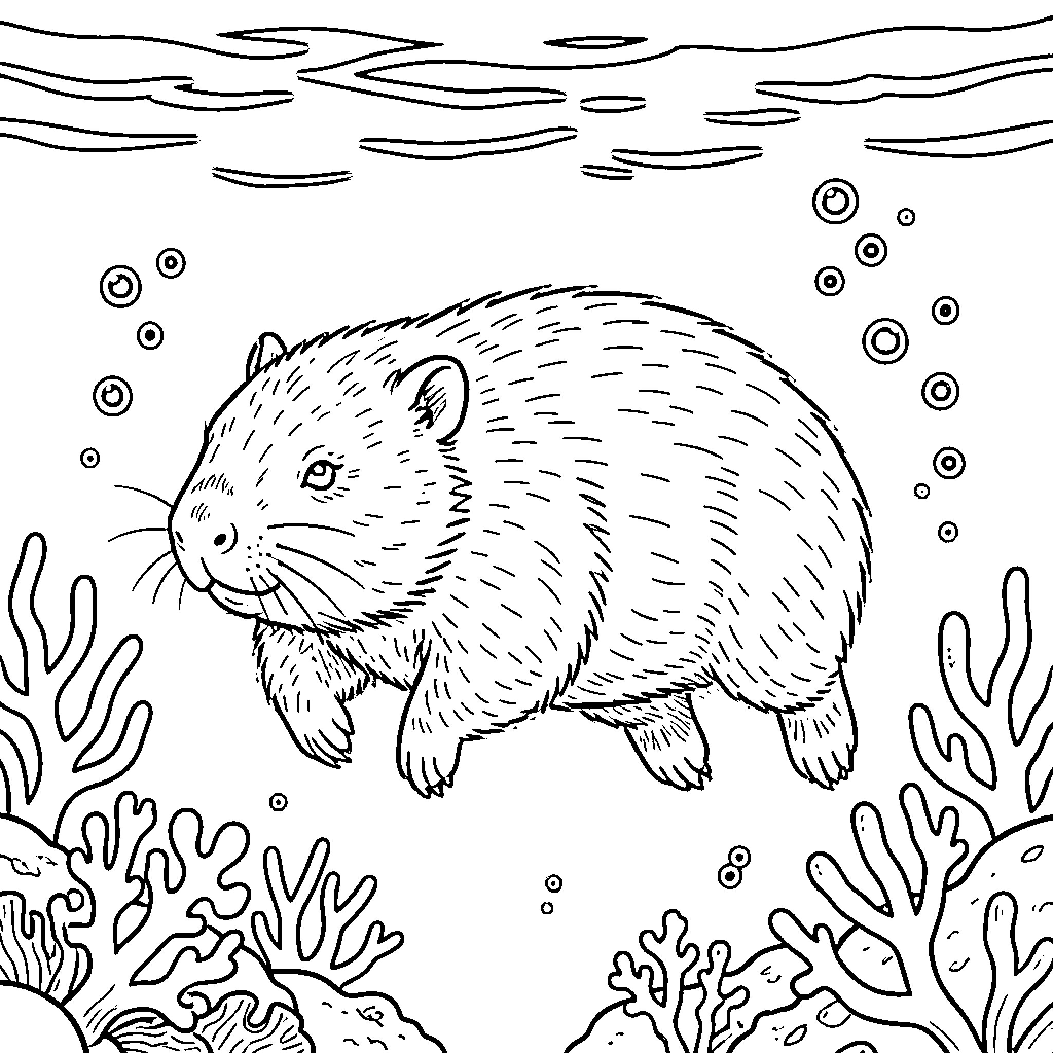 Wombat swimming underwater amidst coral and bubbles Coloring Page (free black-and-white line drawing printable PDF for all, from beginners to advanced learners, including children, teens, adults, and seniors)