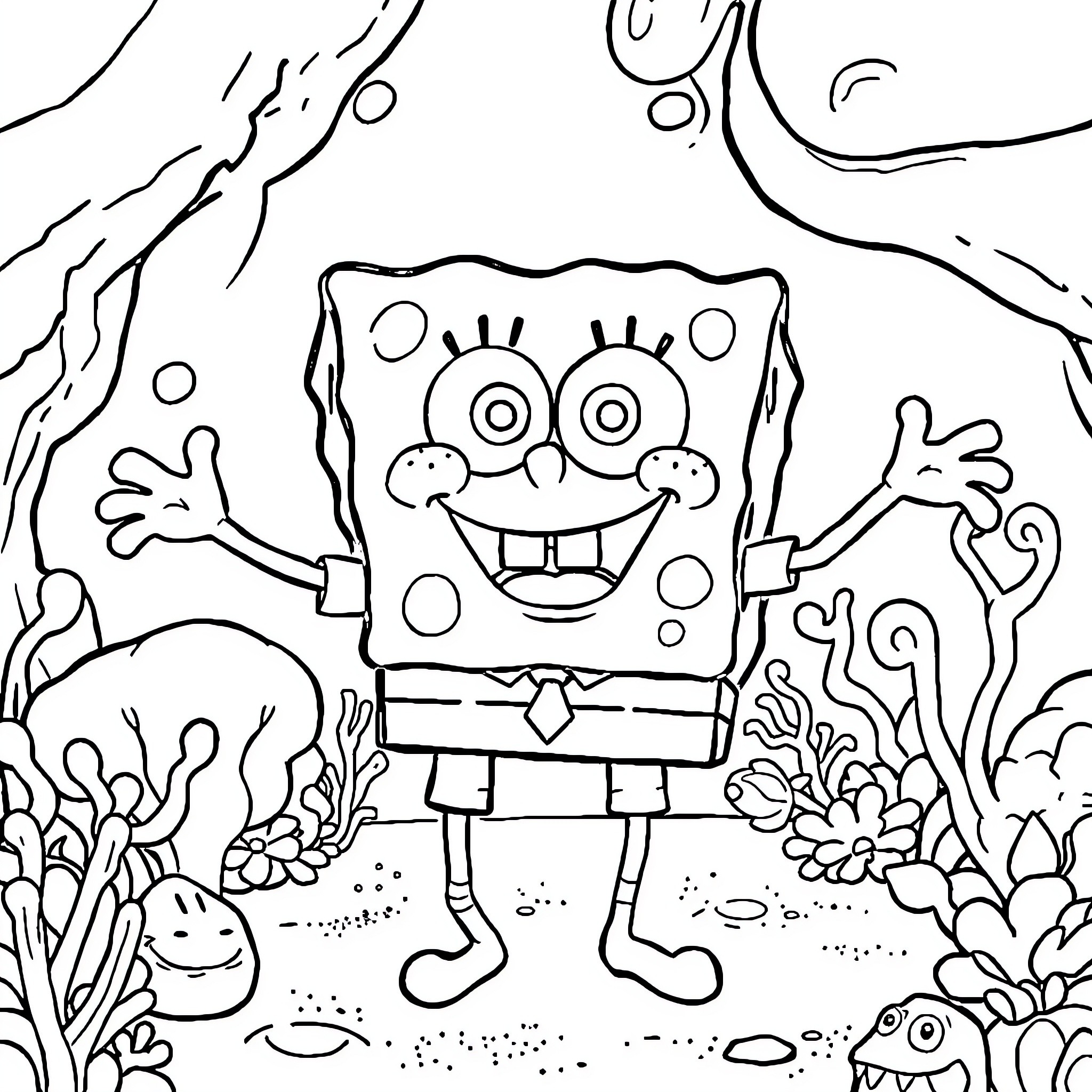 Spongebob having fun in the underwater world Coloring Page (free black-and-white line drawing printable PDF for all, from beginners to advanced learners, including children, teens, adults, and seniors)
