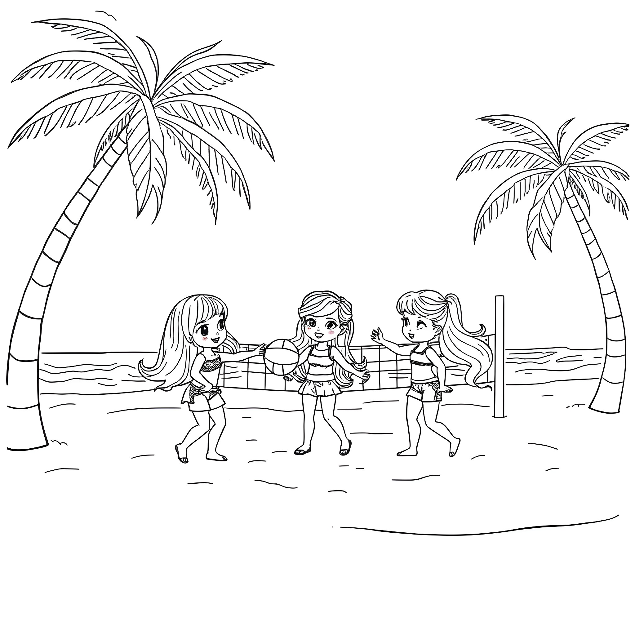 Dollhouse characters playing beach volleyball Coloring Page (free black-and-white line drawing printable PDF for all, from beginners to advanced learners, including children, teens, adults, and seniors)
