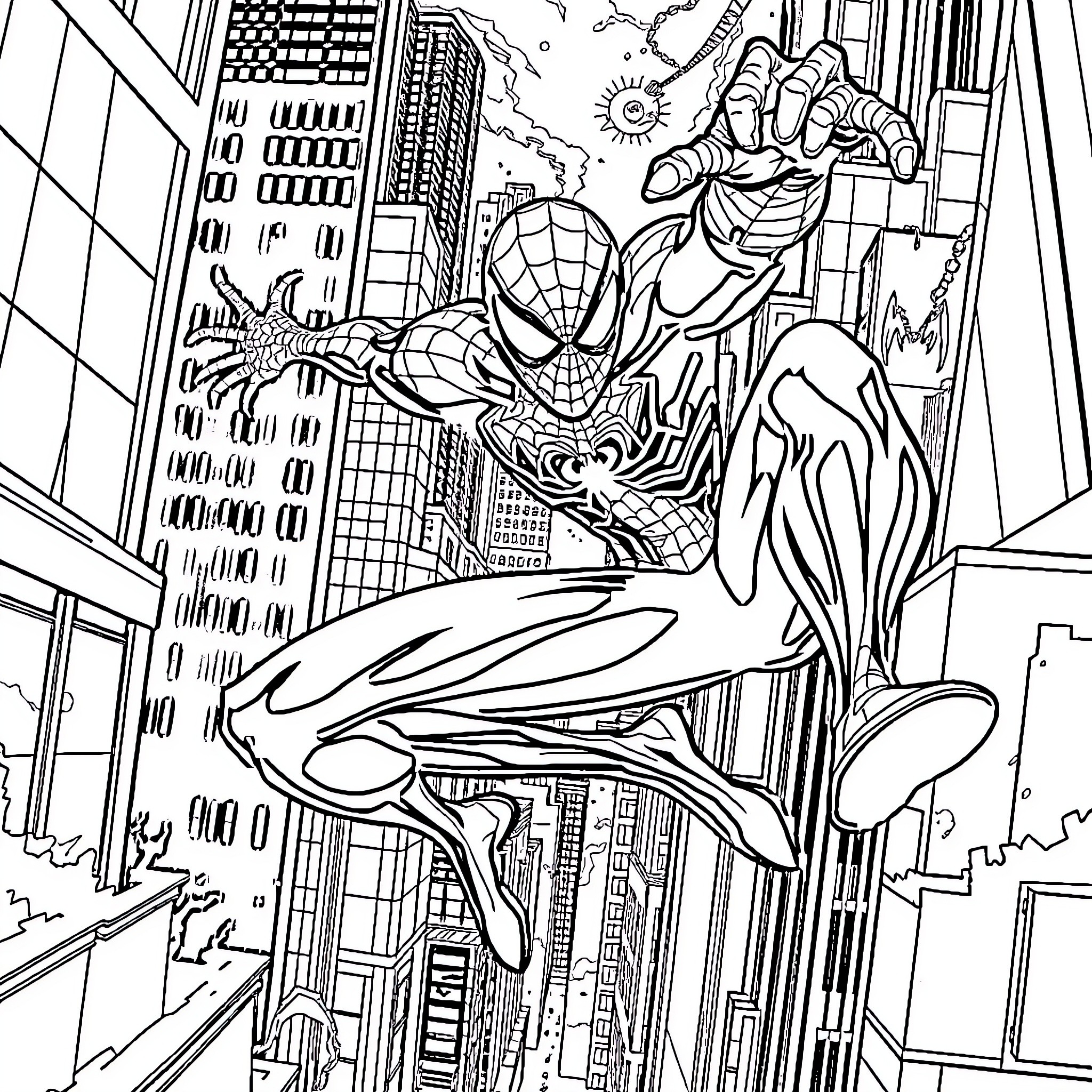 Spiderman swinging through the city with action Coloring Page (free black-and-white line drawing printable PDF for all, from beginners to advanced learners, including children, teens, adults, and seniors)