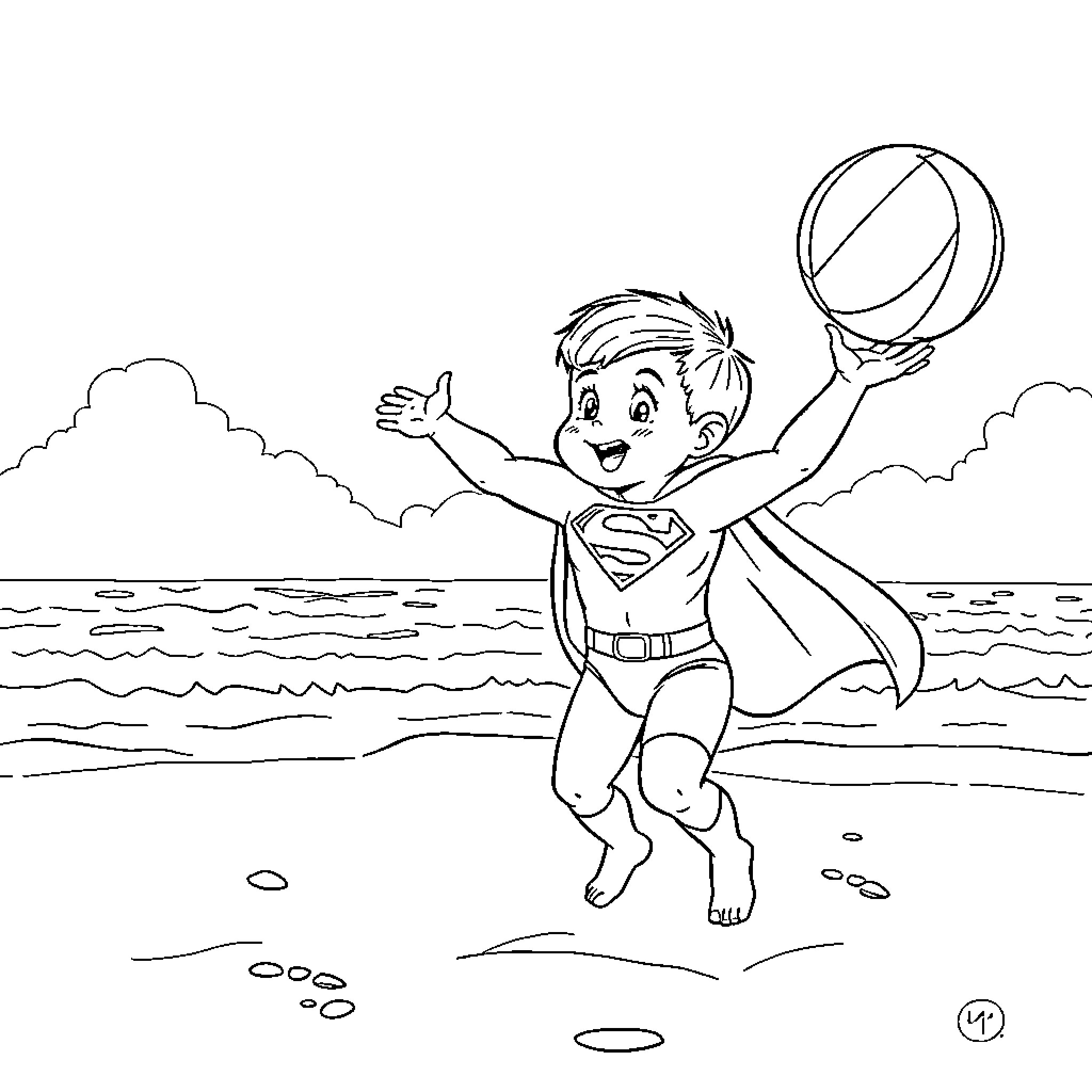 Superman happily playing with ball at the beach Coloring Page (free black-and-white line drawing printable PDF for all, from beginners to advanced learners, including children, teens, adults, and seniors)