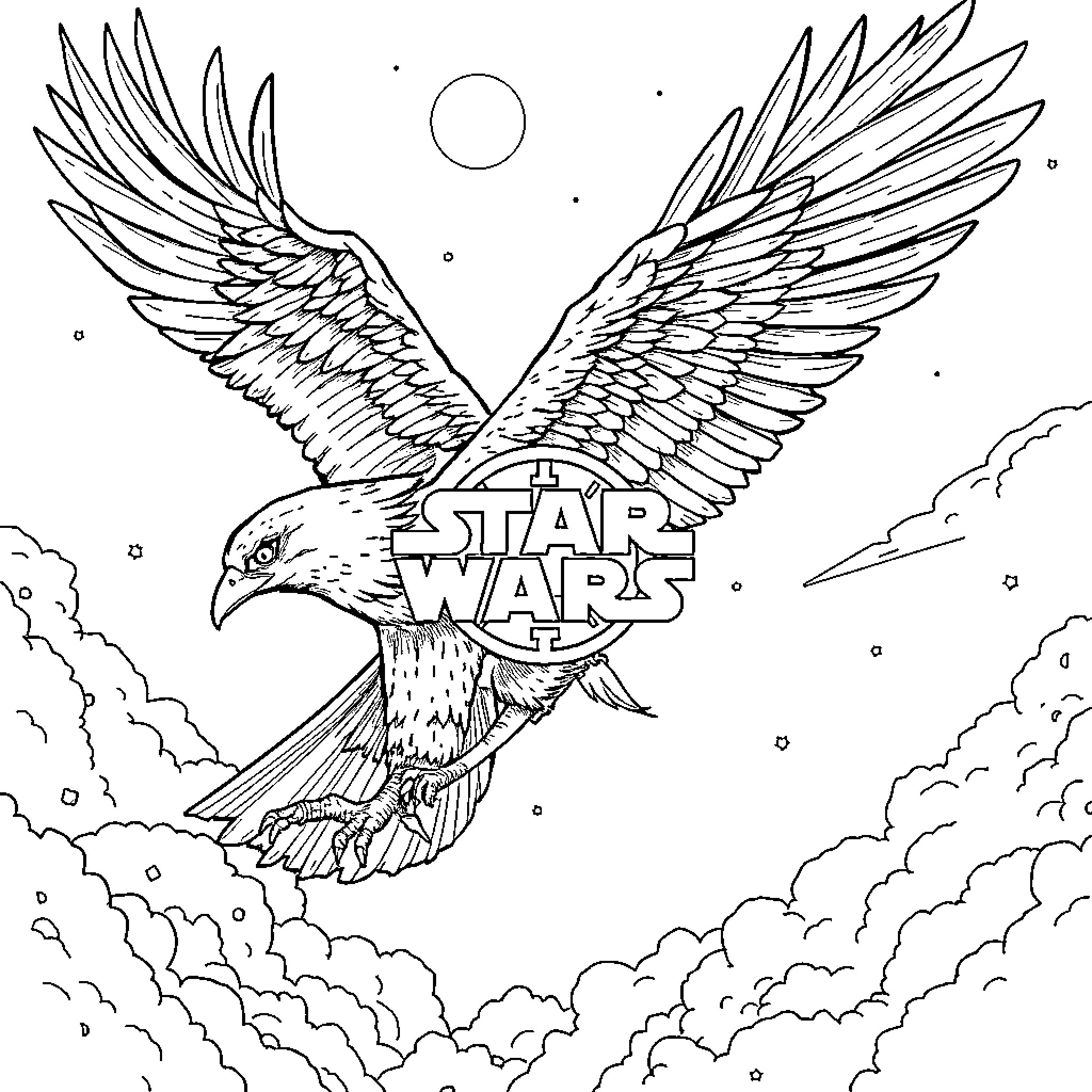 Eagle soaring in the Star Wars universe Coloring Page (free black-and-white line drawing printable PDF for all, from beginners to advanced learners, including children, teens, adults, and seniors)