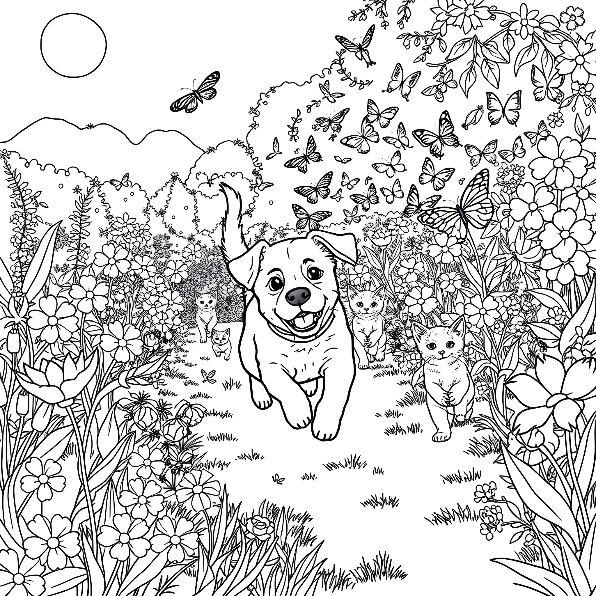 Dog playing happily in a floral garden Coloring Page (free black-and-white line drawing printable PDF for all, from beginners to advanced learners, including children, teens, adults, and seniors)