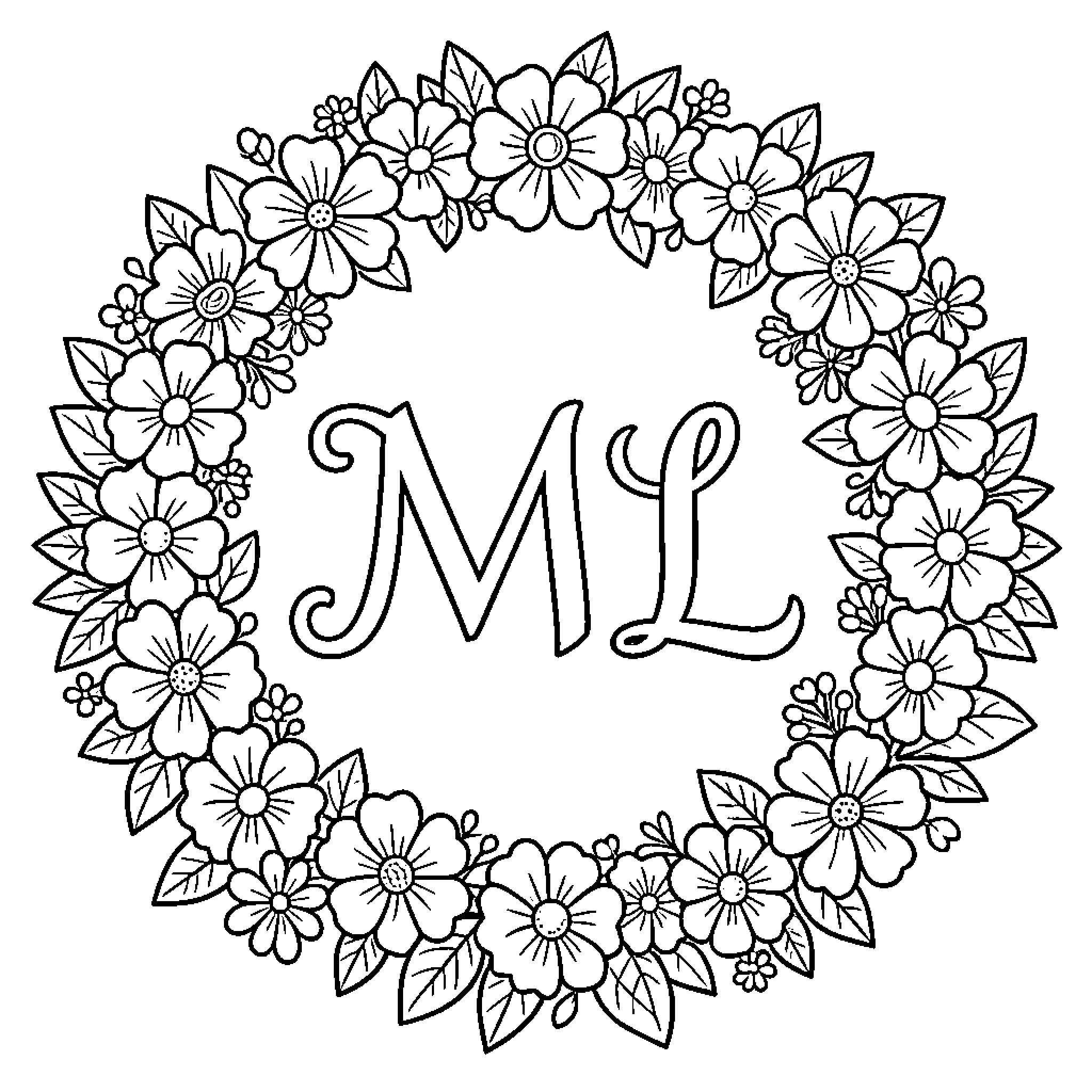 Letter in Floral Wreath Coloring Page (free black-and-white line drawing printable PDF for all, from beginners to advanced learners, including children, teens, adults, and seniors)