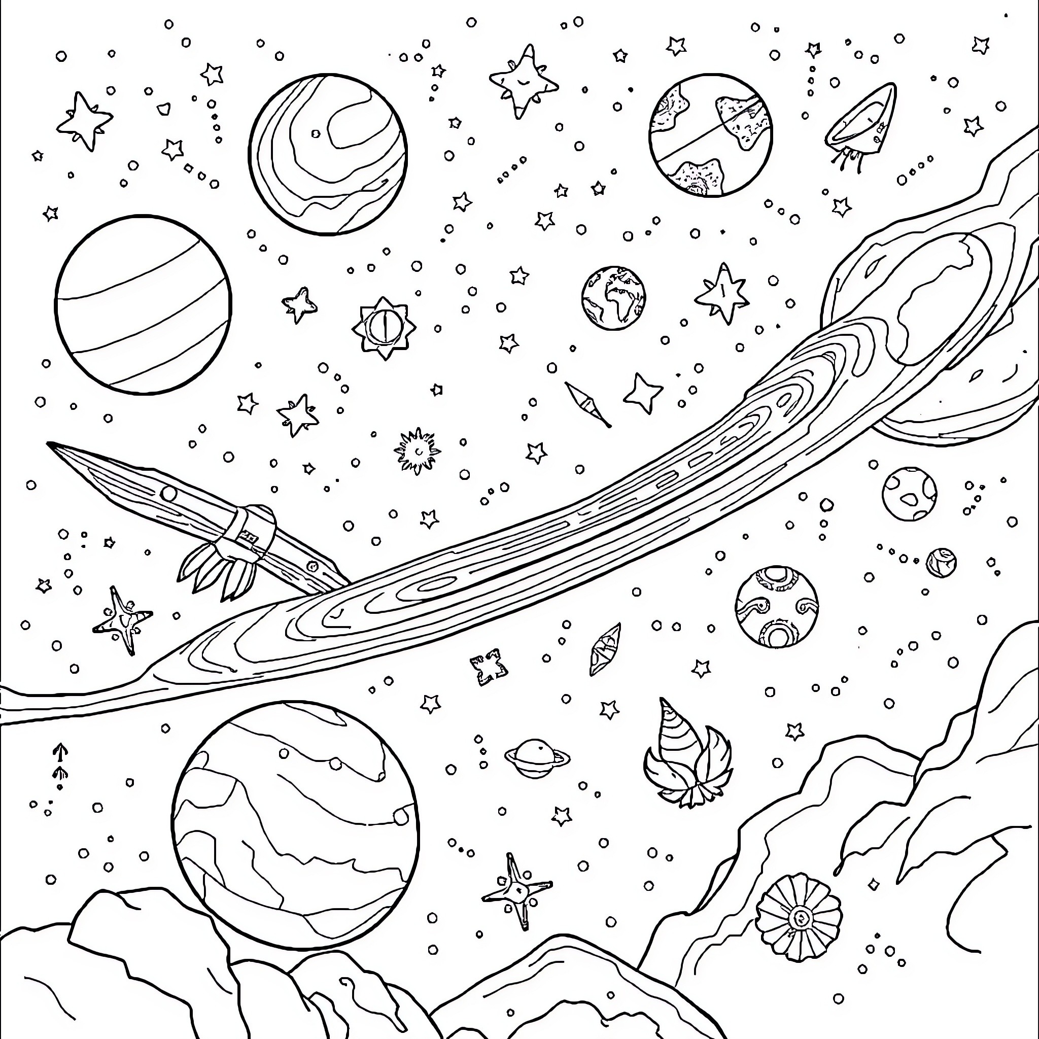 Universe of Celestial Wonders and Space Exploration Coloring Page (free black-and-white line drawing printable PDF for all, from beginners to advanced learners, including children, teens, adults, and seniors)