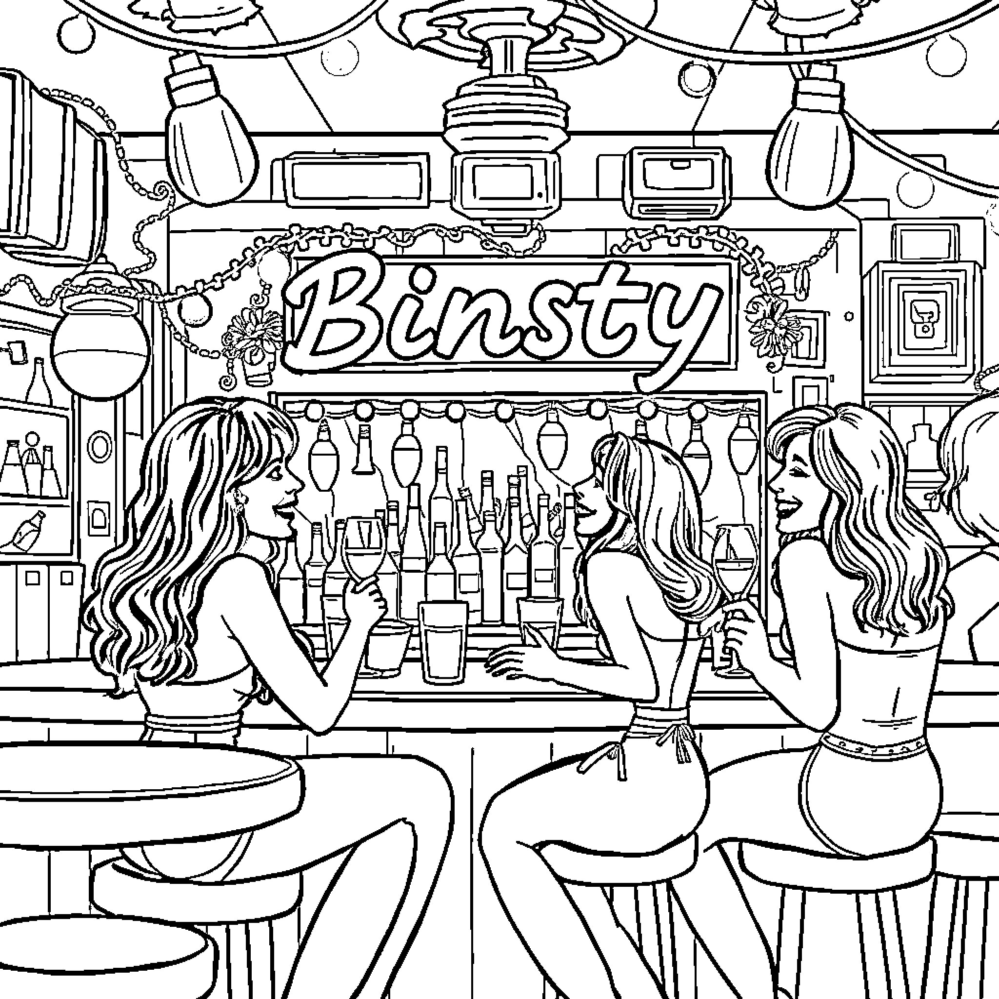 Bar Scene with Lively Interactions Coloring Page (free black-and-white line drawing printable PDF for all, from beginners to advanced learners, including children, teens, adults, and seniors)