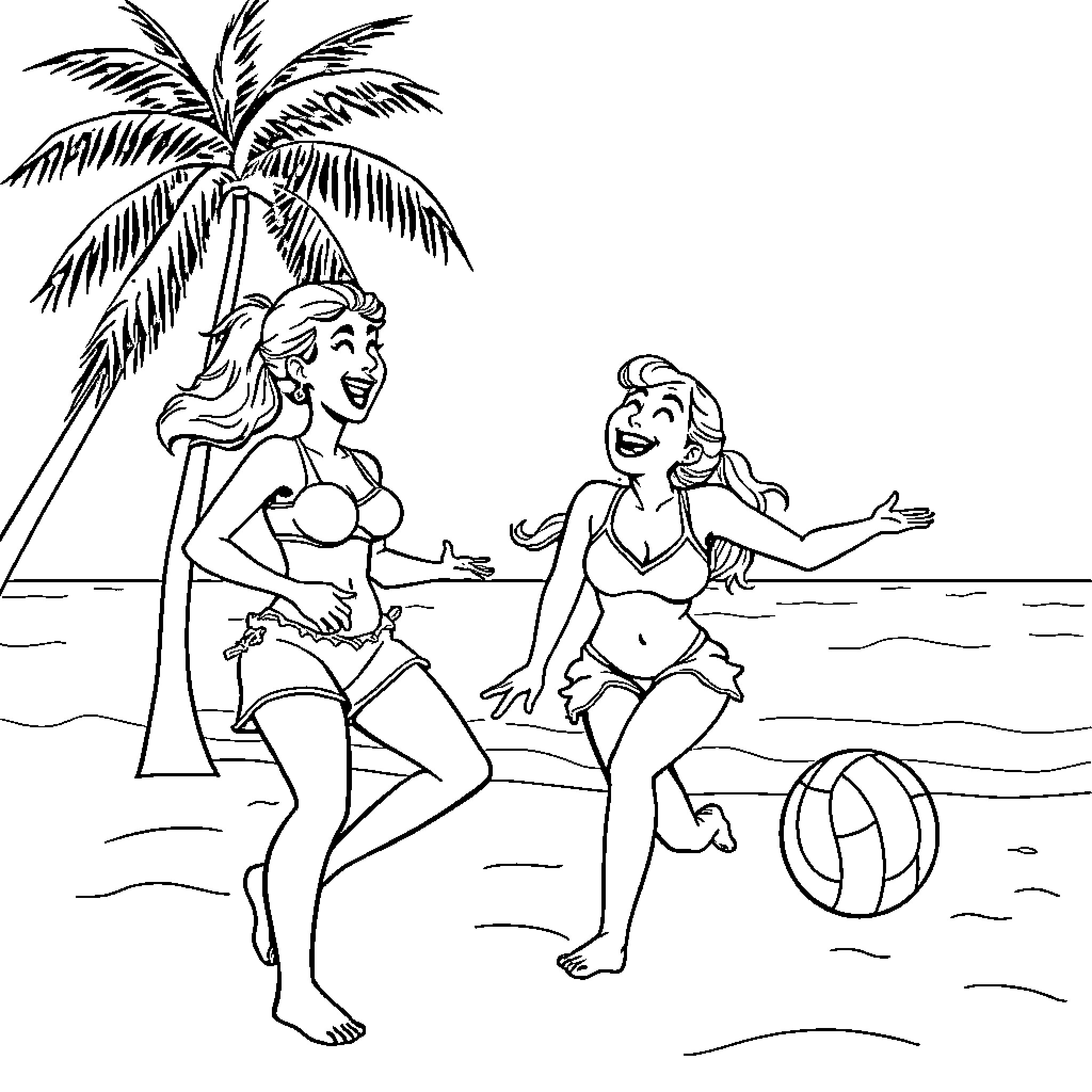 Elsa and Anna playing on the beach Coloring Page (free black-and-white line drawing printable PDF for all, from beginners to advanced learners, including children, teens, adults, and seniors)