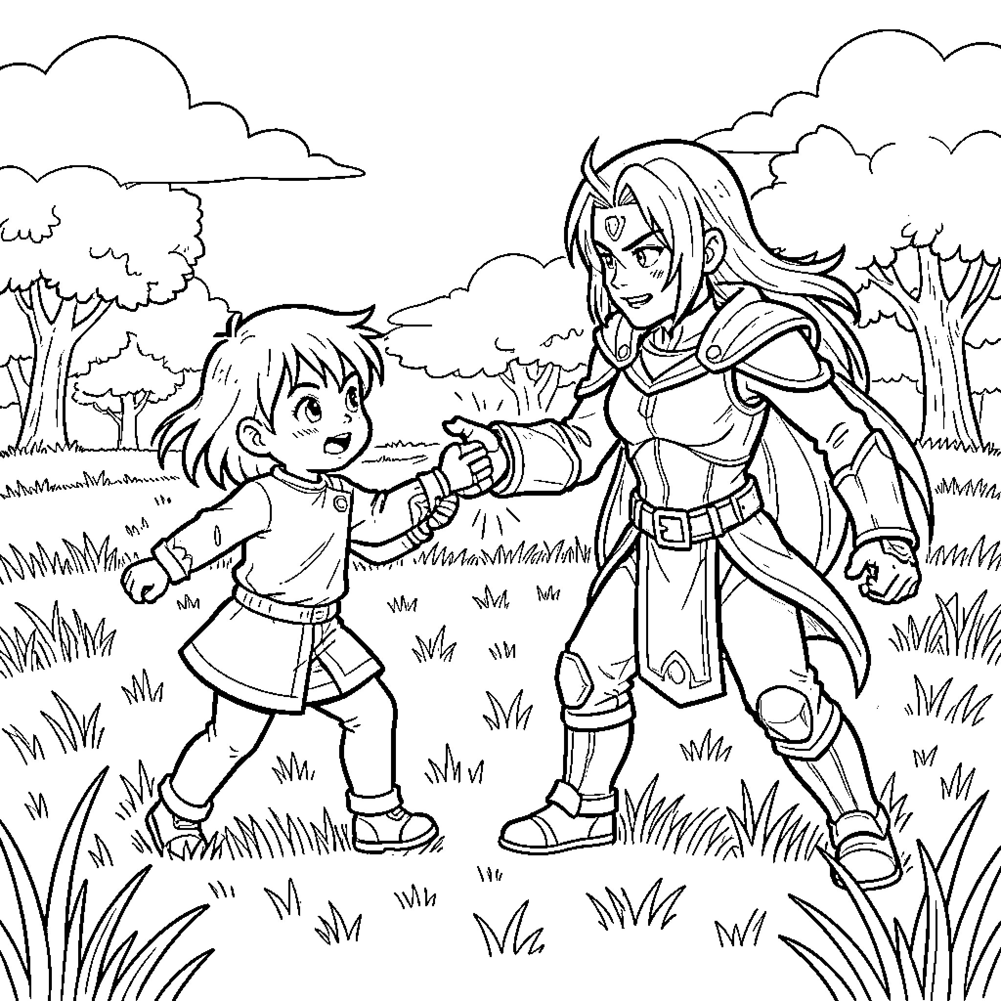 Alita walking through a grassy field with a child Coloring Page (free black-and-white line drawing printable PDF for all, from beginners to advanced learners, including children, teens, adults, and seniors)