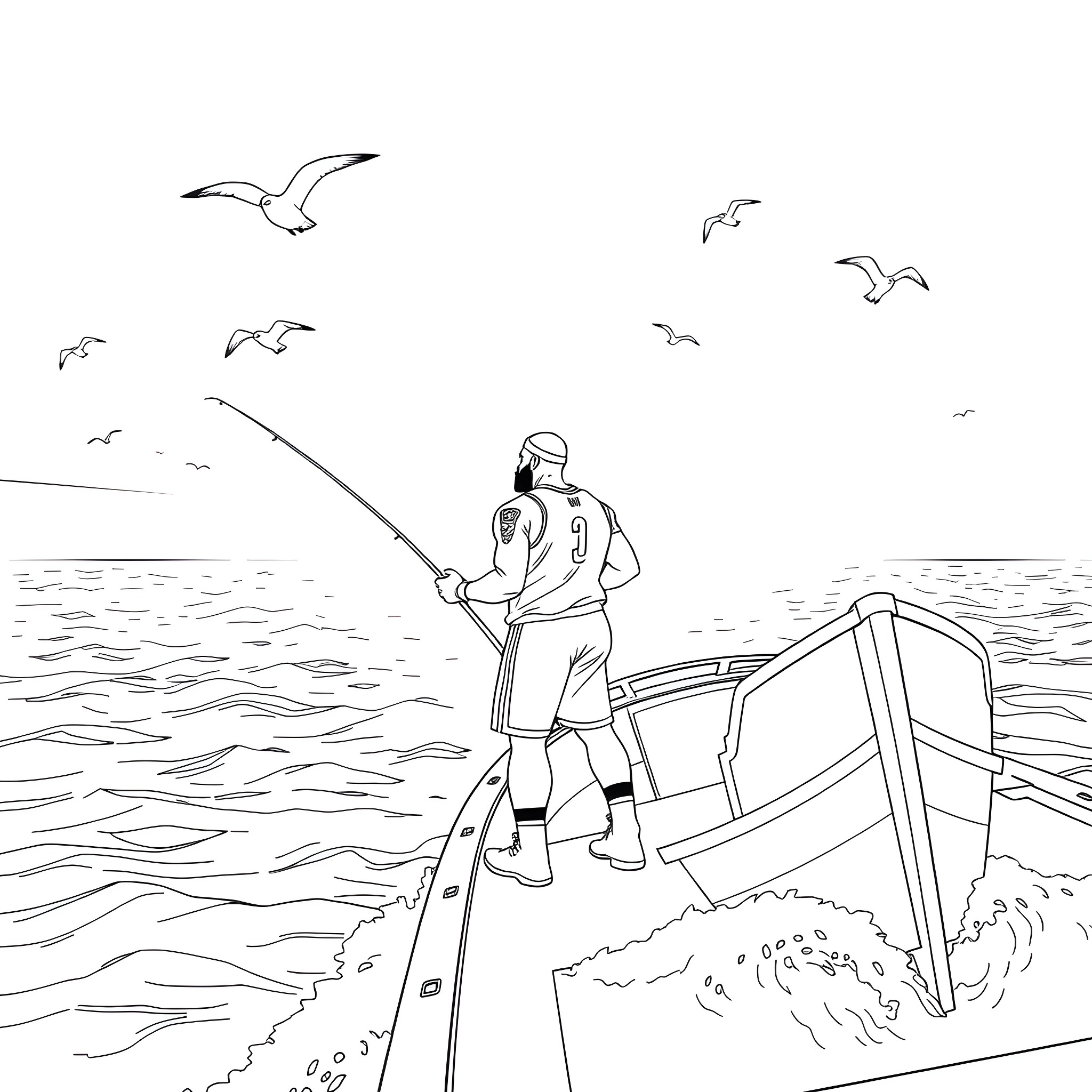 LeBron James fishing alone on a boat with seagulls Coloring Page (free black-and-white line drawing printable PDF for all, from beginners to advanced learners, including children, teens, adults, and seniors)
