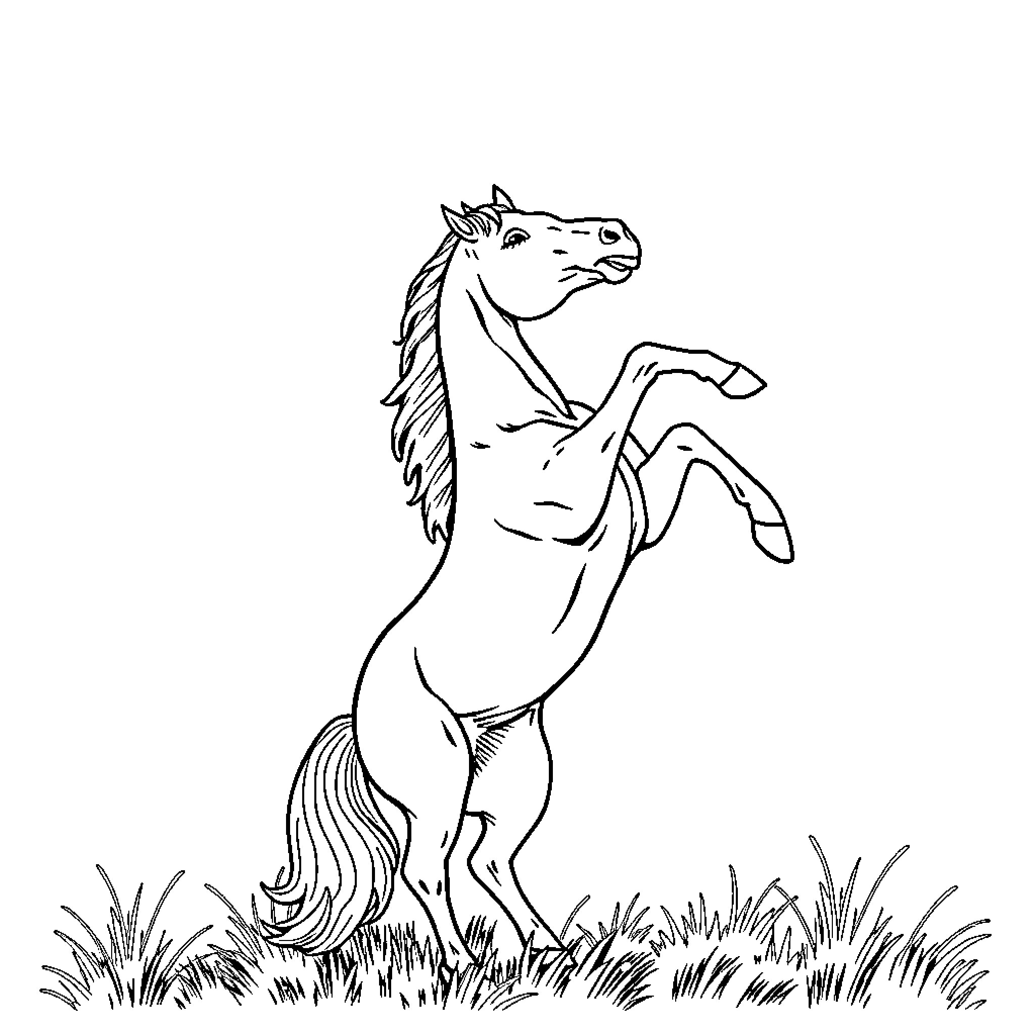 Horse standing in a field Coloring Page (free black-and-white line drawing printable PDF for all, from beginners to advanced learners, including children, teens, adults, and seniors)