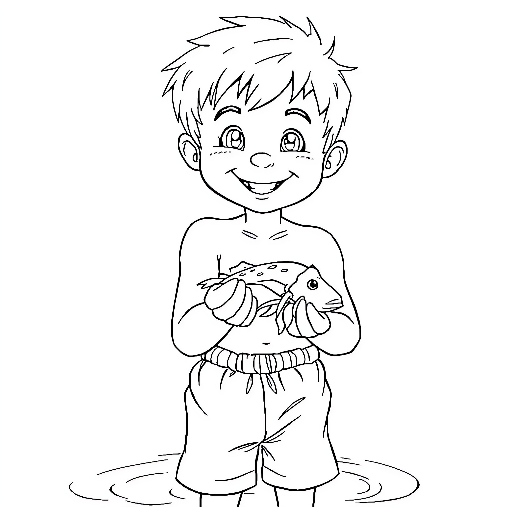 Boy playing with pet fish in water Coloring Page (free black-and-white line drawing printable PDF for all, from beginners to advanced learners, including children, teens, adults, and seniors)