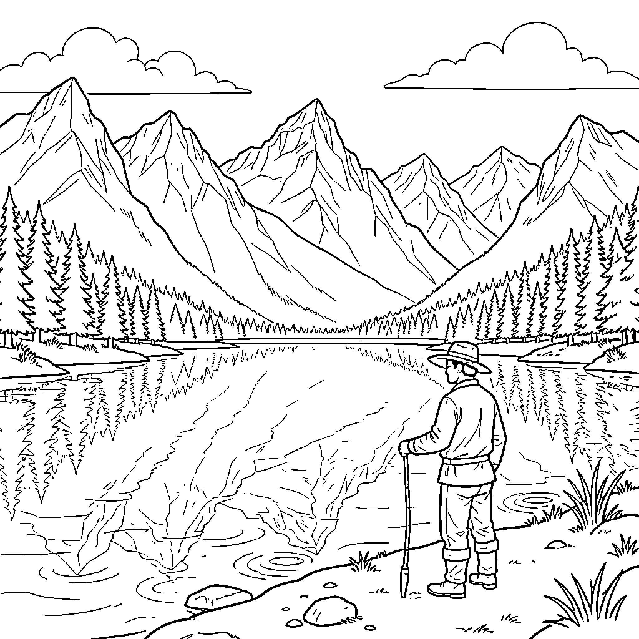 Fisherman standing by a calm mountain lake Coloring Page (free black-and-white line drawing printable PDF for all, from beginners to advanced learners, including children, teens, adults, and seniors)