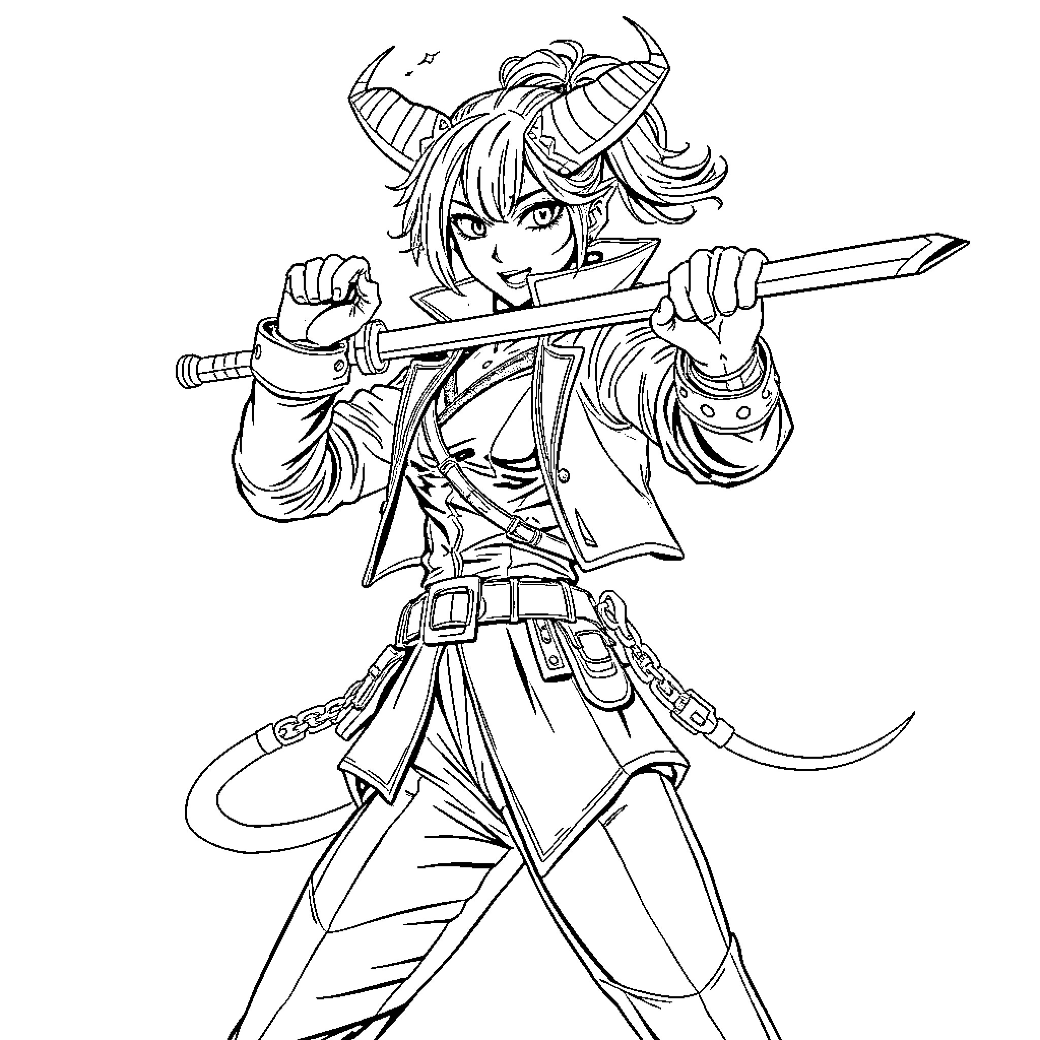 Rumi, the adventurous warrior with a sword Coloring Page (free black-and-white line drawing printable PDF for all, from beginners to advanced learners, including children, teens, adults, and seniors)