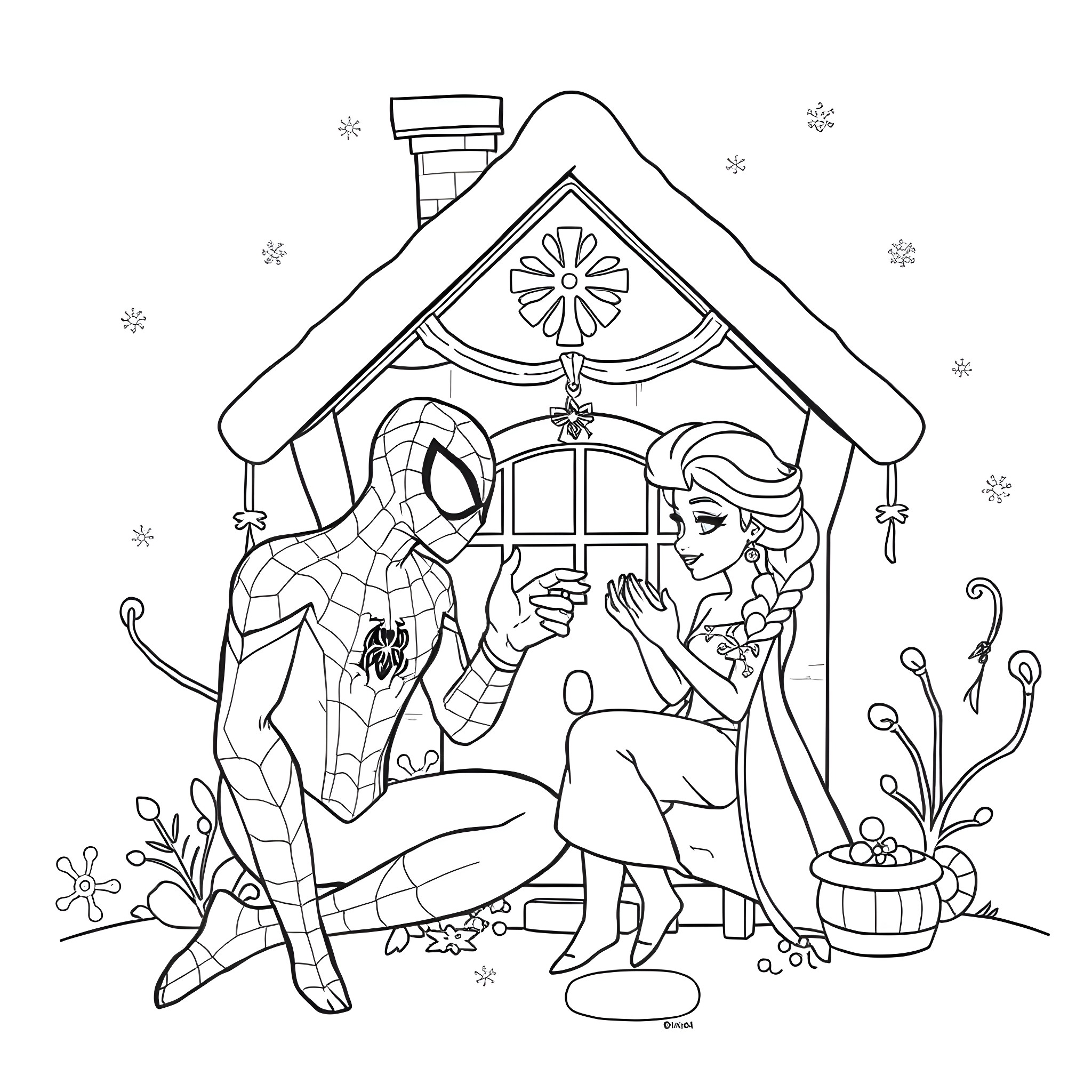 Spider-Man visiting a friend in a snowy cottage Coloring Page (free black-and-white line drawing printable PDF for all, from beginners to advanced learners, including children, teens, adults, and seniors)