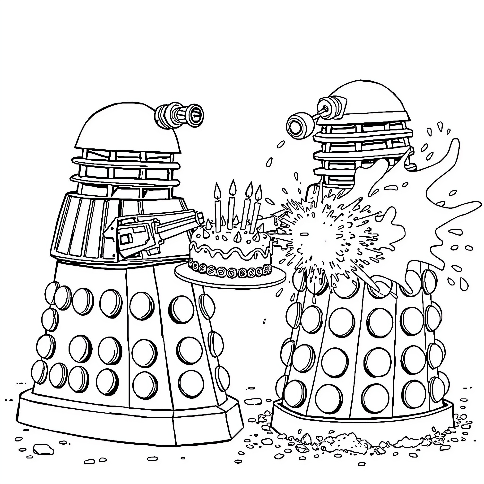 Daleks battling in a chaotic scene Coloring Page (free black-and-white line drawing printable PDF for all, from beginners to advanced learners, including children, teens, adults, and seniors)