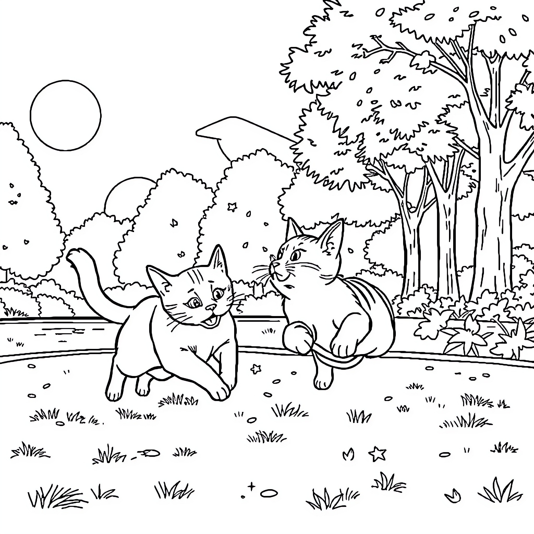 Cats playing in the forest Coloring Page (free black-and-white line drawing printable PDF for all, from beginners to advanced learners, including children, teens, adults, and seniors)