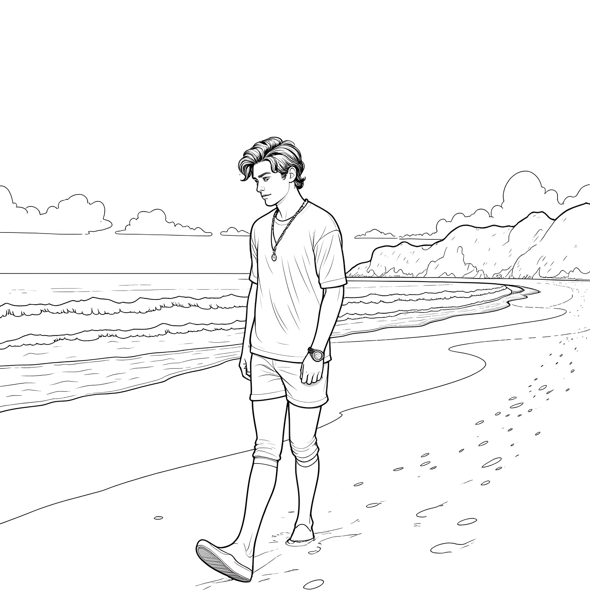 Harry Styles enjoying a serene day at the beach Coloring Page (free black-and-white line drawing printable PDF for all, from beginners to advanced learners, including children, teens, adults, and seniors)