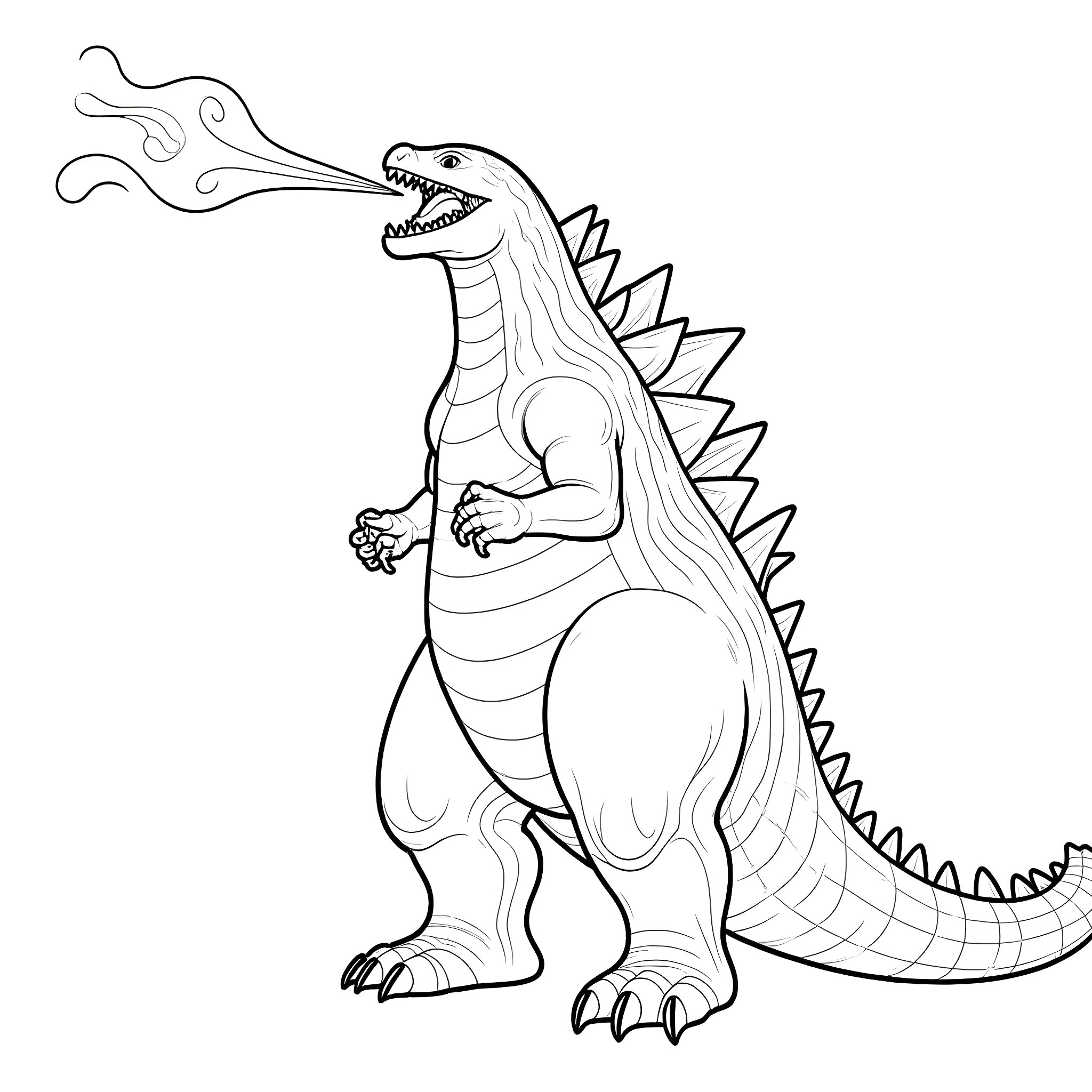 Godzilla unleashing its iconic atomic breath Coloring Page (free black-and-white line drawing printable PDF for all, from beginners to advanced learners, including children, teens, adults, and seniors)