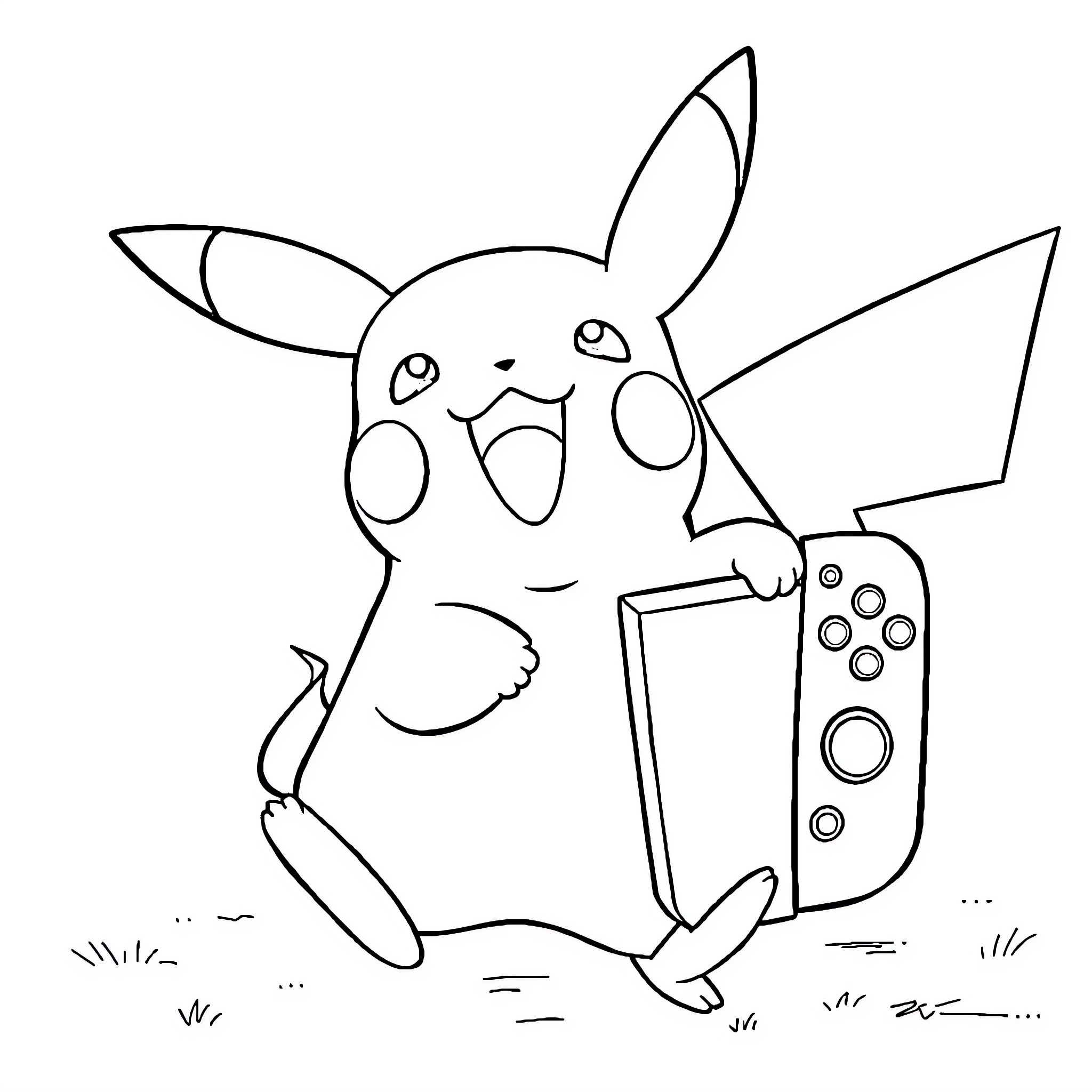 Pikachu playing with video game controller Coloring Page (free black-and-white line drawing printable PDF for all, from beginners to advanced learners, including children, teens, adults, and seniors)