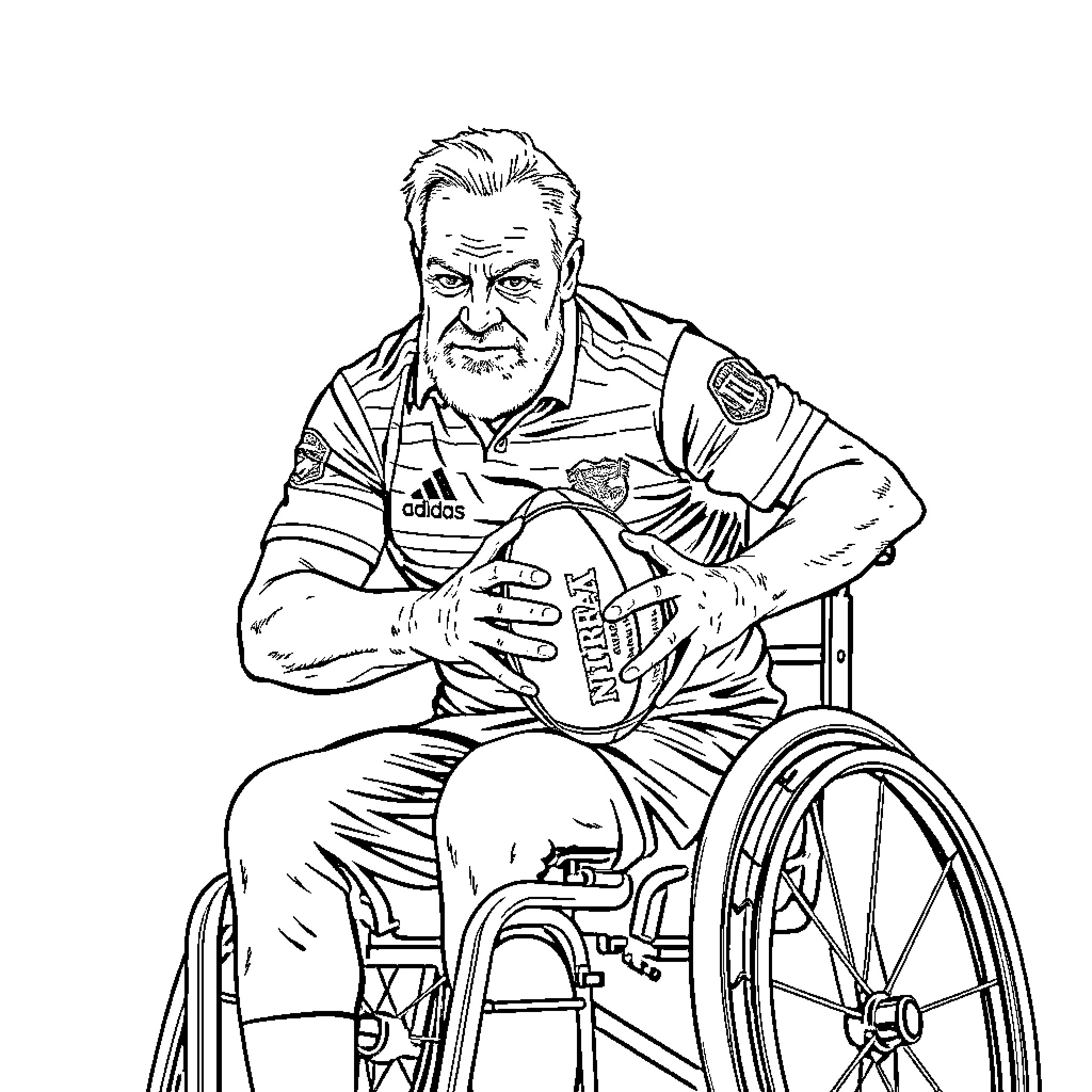 Man in wheelchair wearing sports jersey Coloring Page (free black-and-white line drawing printable PDF for all, from beginners to advanced learners, including children, teens, adults, and seniors)