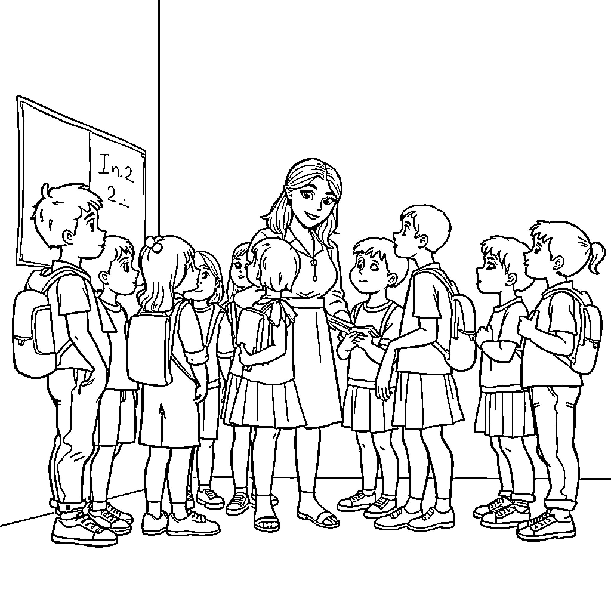 Teacher interacting with students in a classroom Coloring Page (free black-and-white line drawing printable PDF for all, from beginners to advanced learners, including children, teens, adults, and seniors)