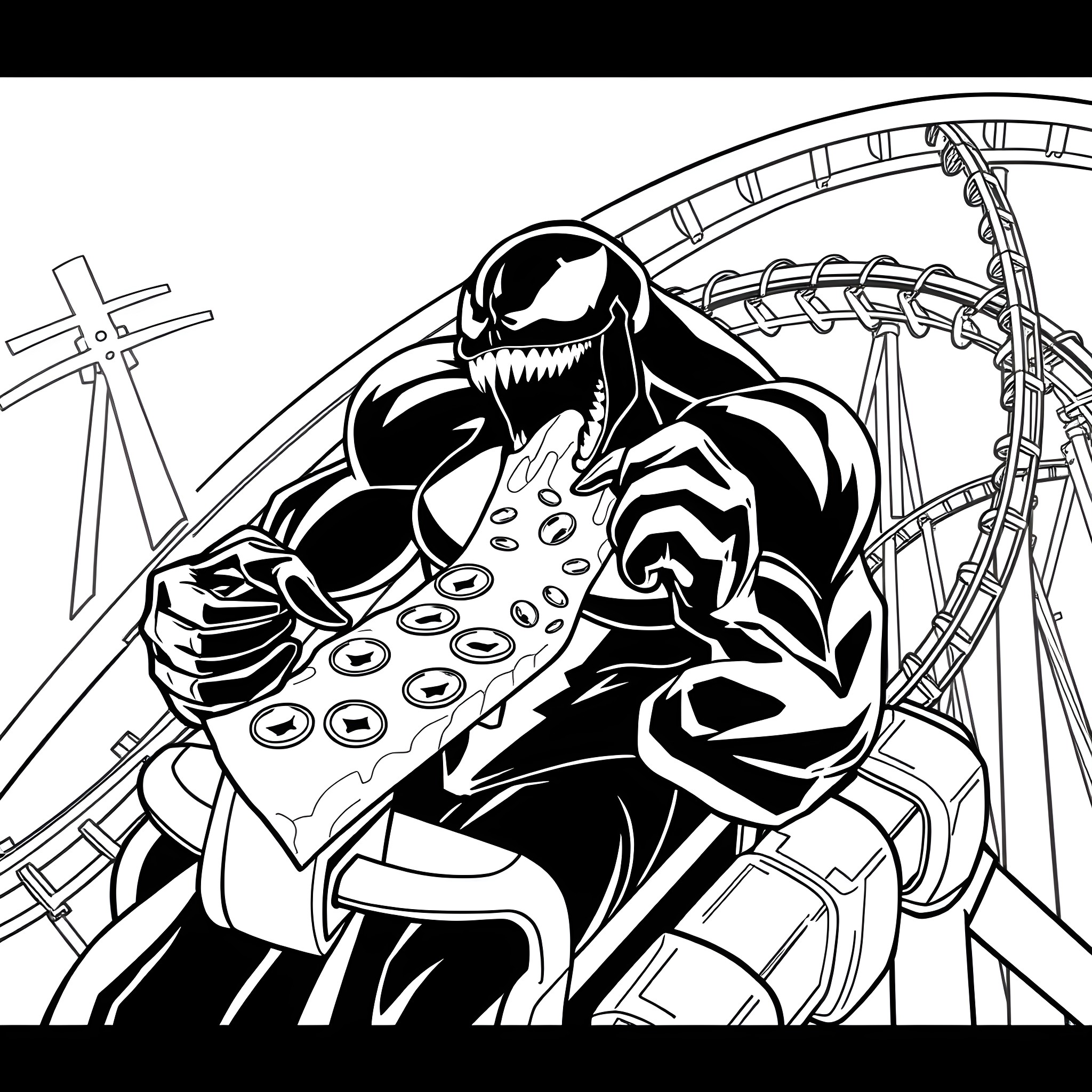 Venom unleashed on the roller coaster Coloring Page (free black-and-white line drawing printable PDF for all, from beginners to advanced learners, including children, teens, adults, and seniors)