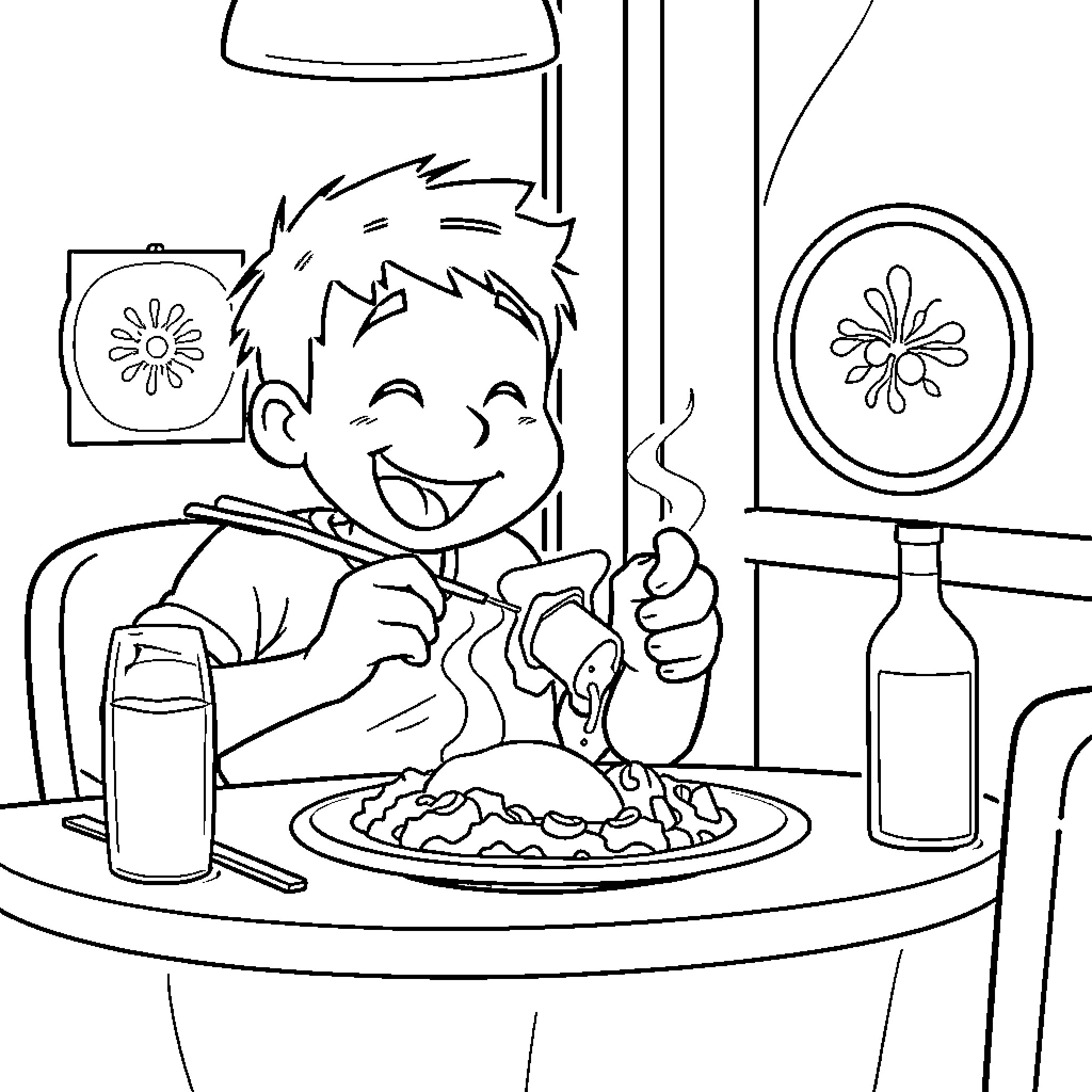 Caseoh enjoying a meal in the kitchen Coloring Page (free black-and-white line drawing printable PDF for all, from beginners to advanced learners, including children, teens, adults, and seniors)