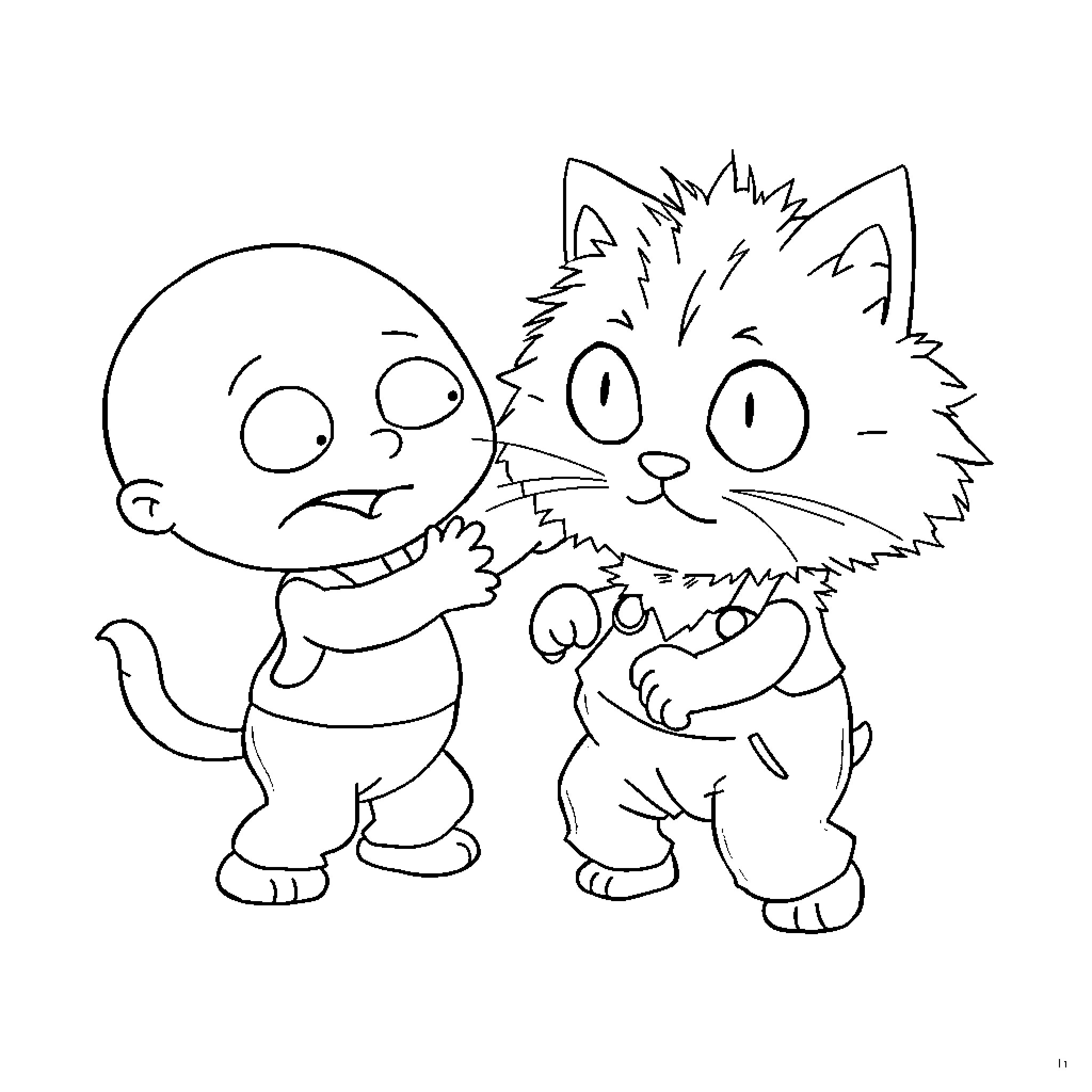 Stewie and Kitten Playing Together Coloring Page (free black-and-white line drawing printable PDF for all, from beginners to advanced learners, including children, teens, adults, and seniors)