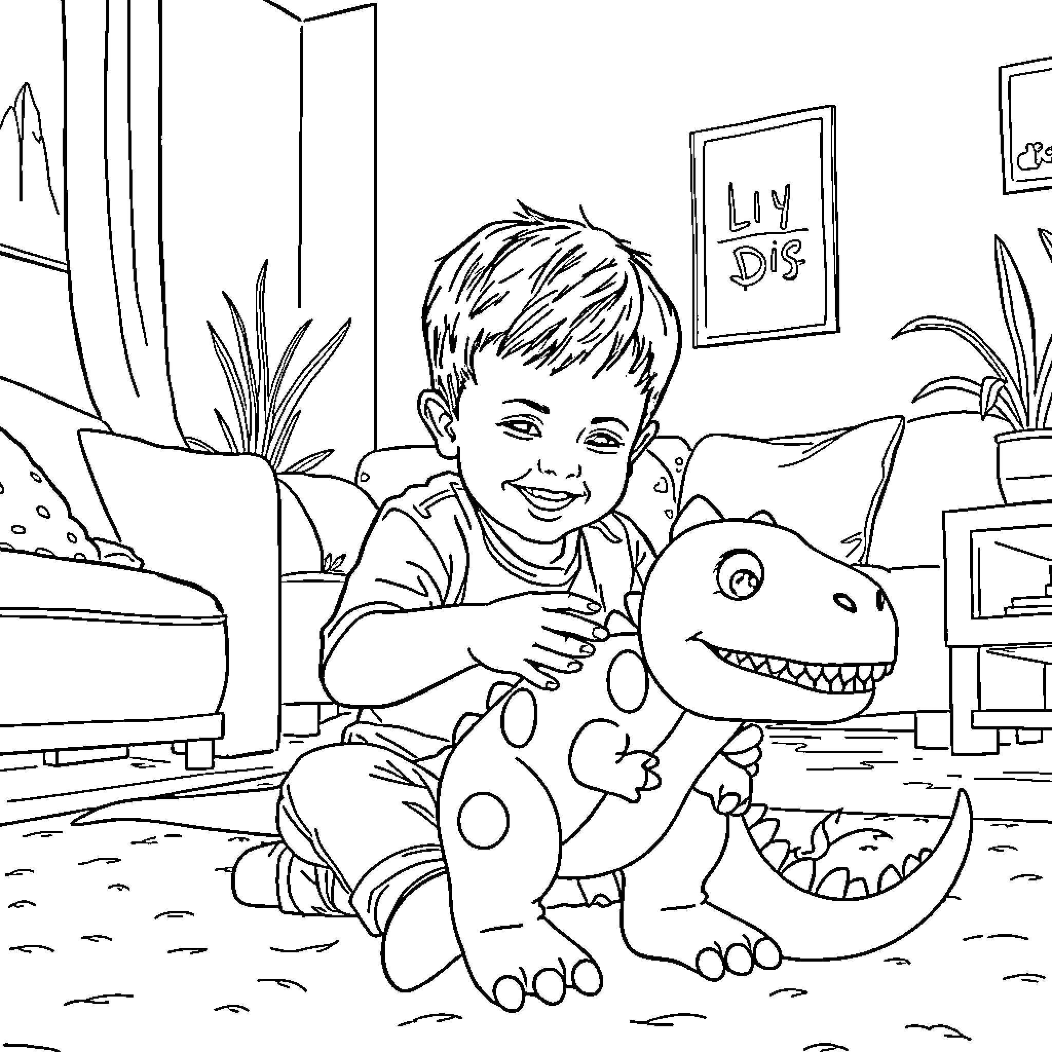 Dinosaur toy delights young boy in cozy room Coloring Page (free black-and-white line drawing printable PDF for all, from beginners to advanced learners, including children, teens, adults, and seniors)