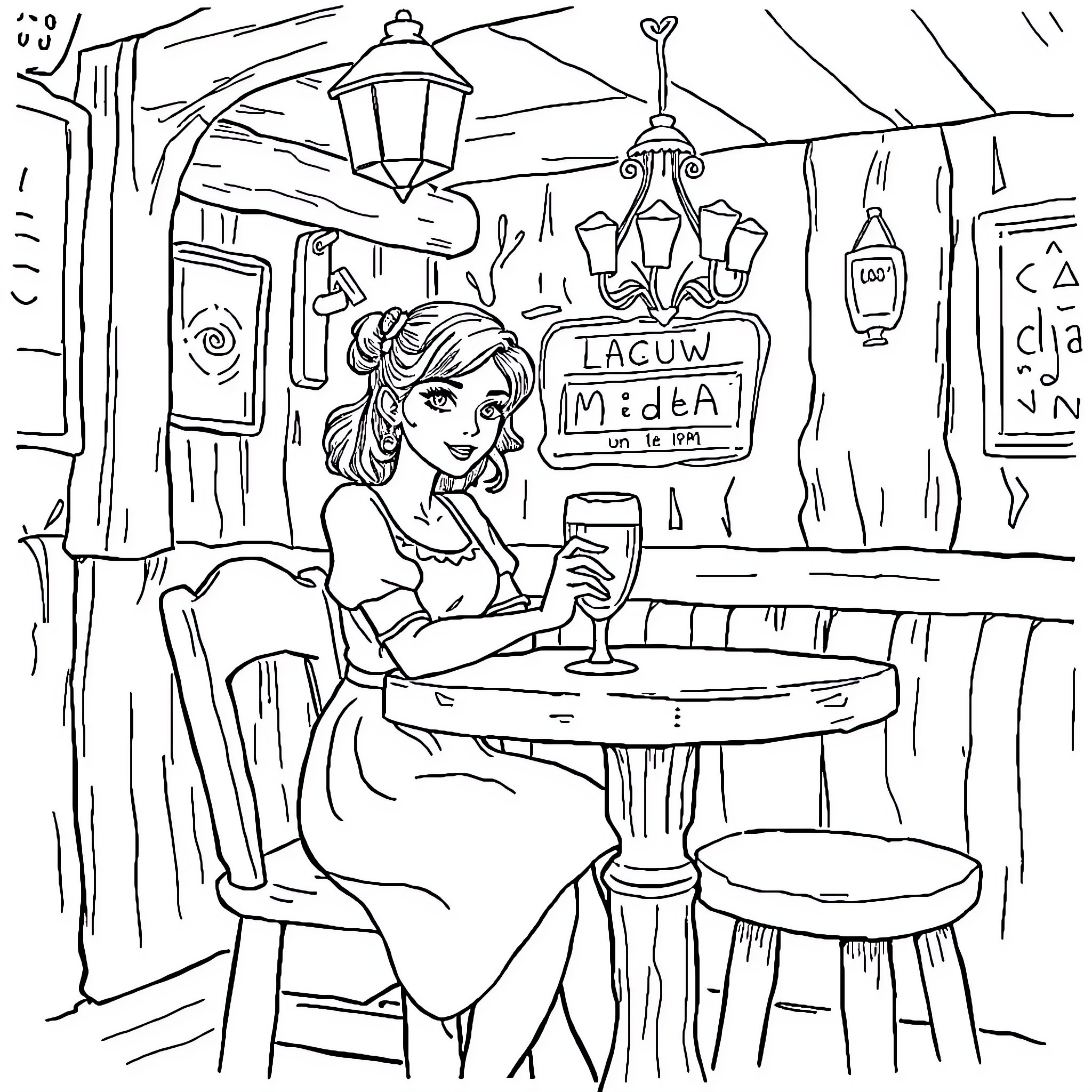 Snow White enjoying a cozy cafe moment Coloring Page (free black-and-white line drawing printable PDF for all, from beginners to advanced learners, including children, teens, adults, and seniors)