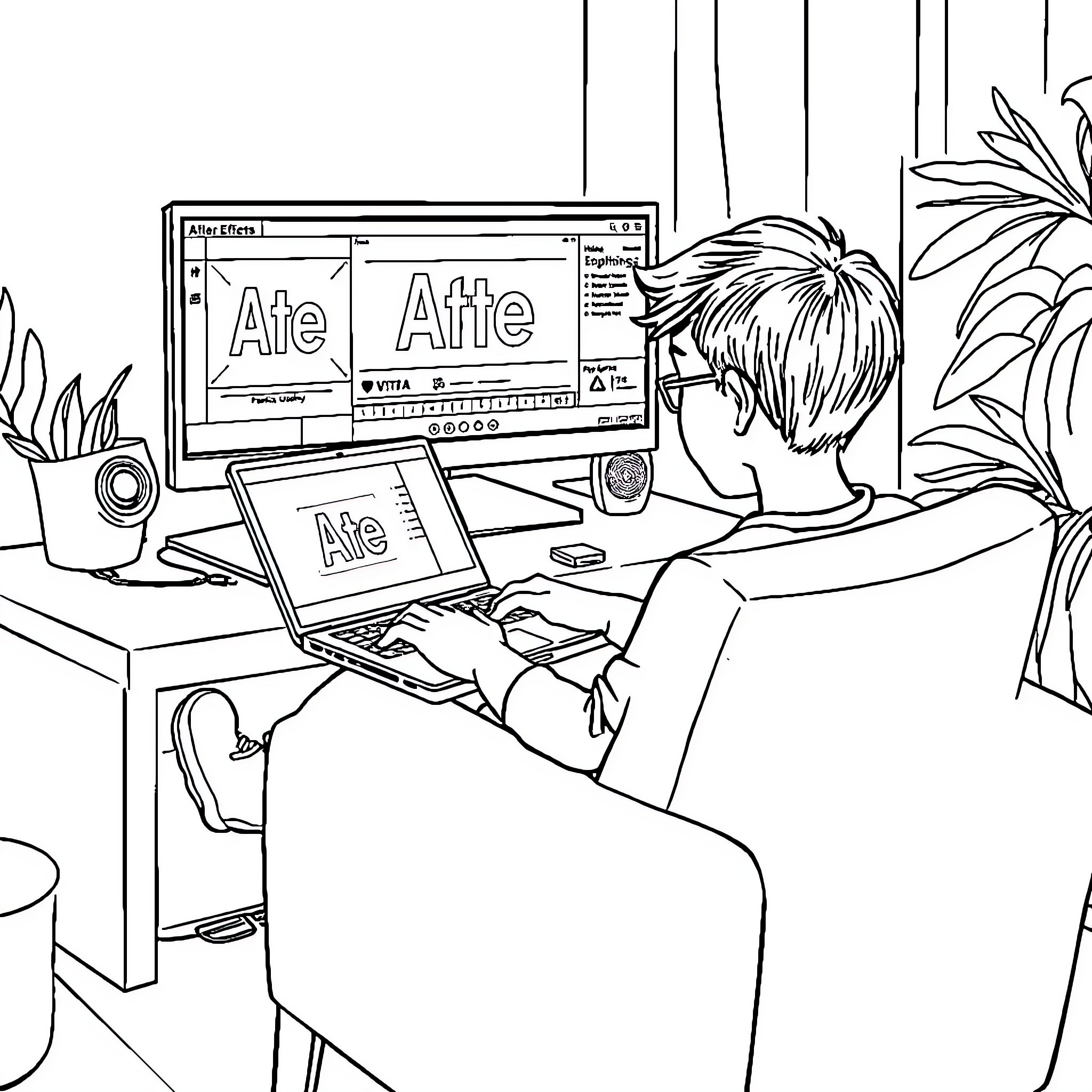 Boy working diligently at his computer desk Coloring Page (free black-and-white line drawing printable PDF for all, from beginners to advanced learners, including children, teens, adults, and seniors)