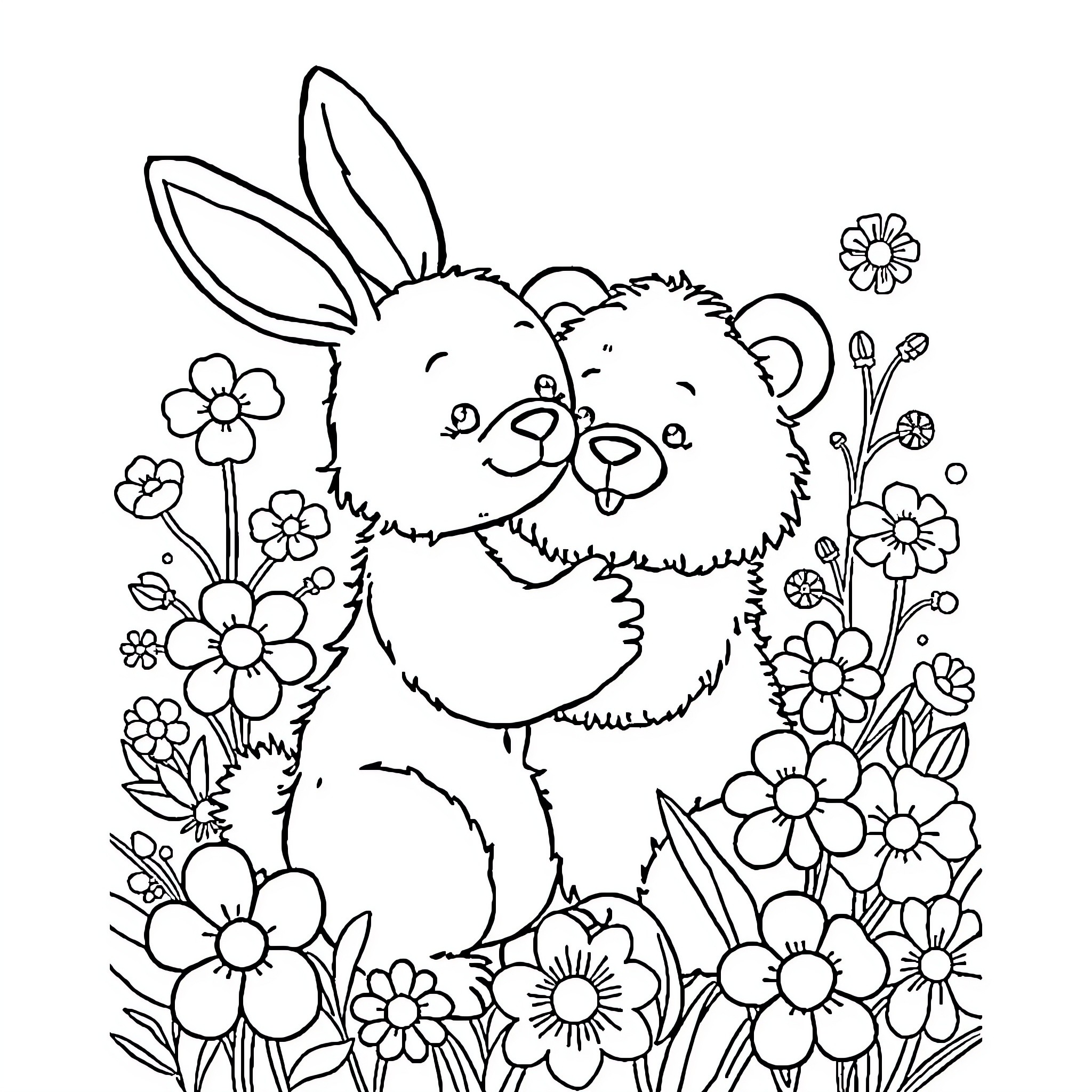 Bunny surrounded by cheerful flowers Coloring Page (free black-and-white line drawing printable PDF for all, from beginners to advanced learners, including children, teens, adults, and seniors)