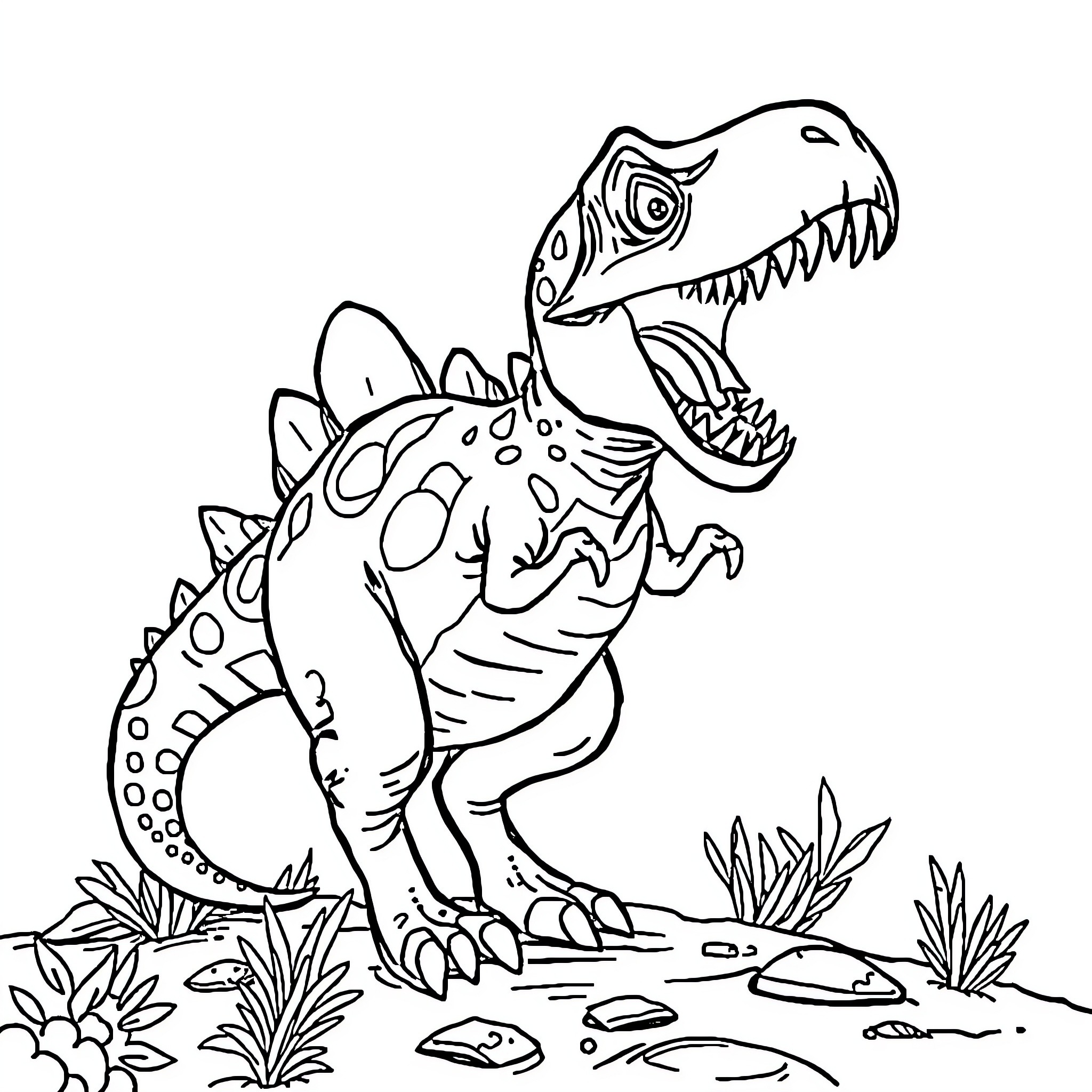 Dinosaur roaring in the prehistoric landscape Coloring Page (free black-and-white line drawing printable PDF for all, from beginners to advanced learners, including children, teens, adults, and seniors)